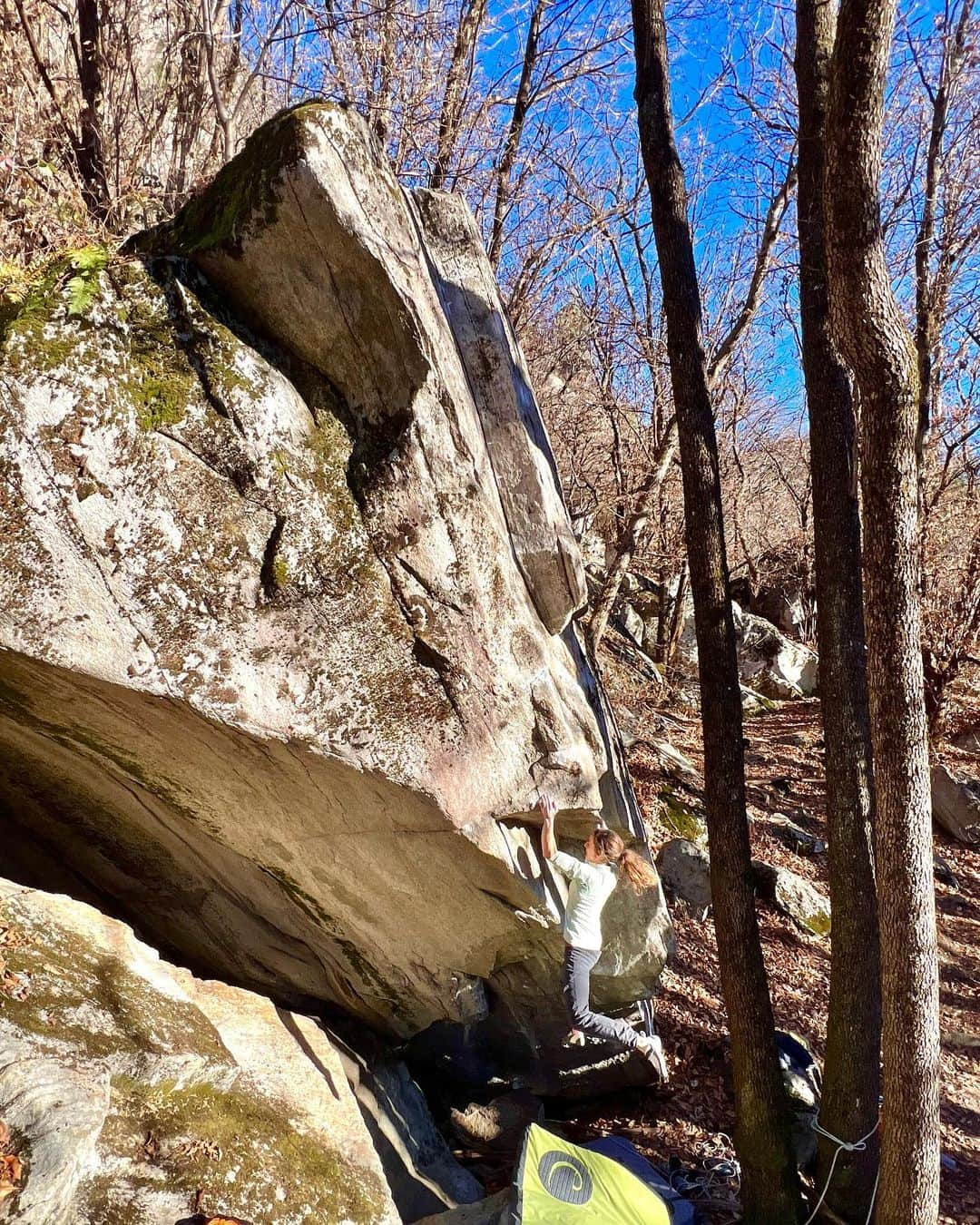 メリッサ・ル・ネーヴェのインスタグラム：「North Sail 8a+ 7,5m high 😱😵‍💫✅ Send train with @pierremellot and @fedir_samoilov 🚂🚂🚂 I admit when I checked the upper part I didn’t know if I will have the courage to climb it so I gave myself a chance to drop if I didn’t feel like. Because climbing two moves above the one in the picture, it’s a #noreturn point… 😱 All the hard moves are in the beginning but that upper part section is probably a 6b slab with one foot to trust ..  We checked it out first on the rope and probably did it 10 times before getting some higher confidence ..! Fedir did it first and set the dance ! Determination and confidence!  I made a try and somehow passed already the lower crux and climbed to the no return point. Hear few crash pads moving and my friends supporting so I entered to a second state where I focused only on moves, one after the other.. and found myself at the top ! 🫣  Wooooooo what a crazy moment and a crazy feeling !!! And somehow I kind of liked it !! 😳 Then Pierre completed the send train with so much assurance and assumed to try hard without any pressure ! #inspiring  Such a nice team we made on this impressive line. Thanks guys that was an amazing day !   📸 @fedir_samoilov and me   @adidasterrex @fiveten_official @team_edelrid @deuter  #climbing #climbingrocks #highball #highballs #climb #climbing_pictures_of_instagram #rockclimbing #selftrust #nofear #selfconfidence #team #getoutside #outdoors #outdoor #girlpower #rockwall #bravegirls #klettern #arrampicata #grimper #escalada」