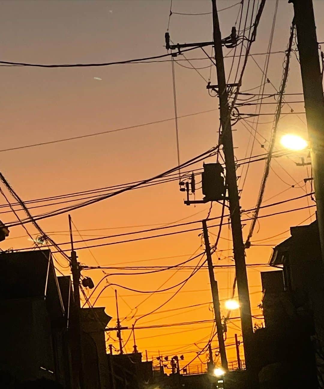 橋本志穂さんのインスタグラム写真 - (橋本志穂Instagram)「昨夜、家の近く歩いてふと見ると、 西の空のグラデーションが美しかったの。 肉眼ではもう少し、上の方は紫色で〜。  電線も これだけたくさんあると 「味」だよなぁと思える私です。  ＠夕焼け」1月11日 10時32分 - shihohashimoto3
