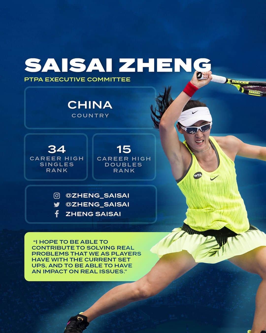 ジェン・サイサイのインスタグラム：「𝙄𝙣𝙩𝙧𝙤𝙙𝙪𝙘𝙞𝙣𝙜 𝙩𝙝𝙚 𝙛𝙞𝙧𝙨𝙩-𝙚𝙫𝙚𝙧 𝙋𝙏𝙋𝘼 𝙀𝙭𝙚𝙘𝙪𝙩𝙞𝙫𝙚 𝘾𝙤𝙢𝙢𝙞𝙩𝙩𝙚𝙚  @zheng_saisai: 5x women's doubles champion from Xi'an, China. 🇨🇳  -   推出史上第一个 𝙋𝙏𝙋𝘼 运动员执行委员会  @zheng_saisai：5 届女双冠军，来自中国西安。🇨🇳」