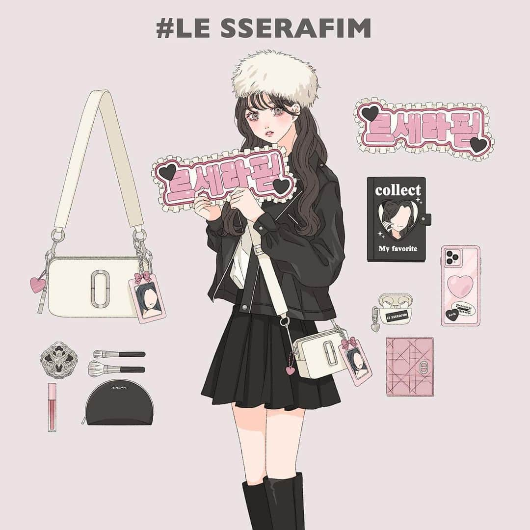 asukaのインスタグラム：「・ 🖤LE SSERAFIMペンコーデ🖤 新年1発目のファンイメージコーデはルセラペンさん！ 他にもリクエストお待ちしてます〜🙏🏻 ・ こちらのイラストは、109ニュースシブヤ編集部( @109_shibuya )にて掲載中です♡ ・ ・ #l4like #l4l #fff #f4f #피어나 #르세라핌 #宮脇咲良好きな人と繋がりたい #fearnotと繋がりたい #fearnot #ルセラフィム  #kpop好きな人と繋がりたい #lesserafim好きな人と繋がりたい #lesserafim  #かばんの中身 #ネームボード  #韓国ストリート#イラストグラム #ファッションイラスト #イラストレーター #オリジナルイラスト  #art  #参戦服 #うちわ #オタ活 #ペンライト#ルセラフィム好きな人と繋がりたい」