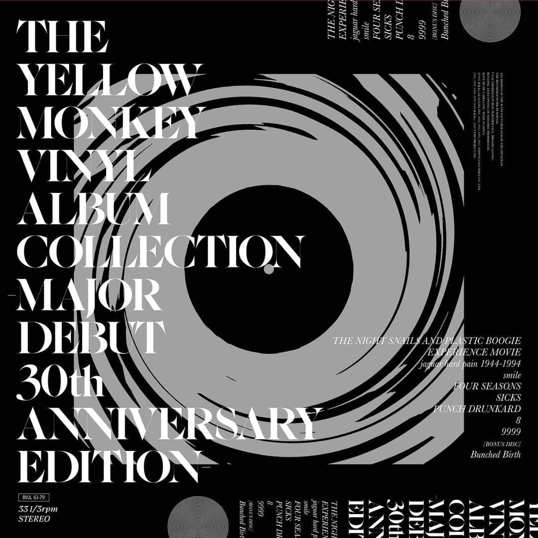 THE YELLOW MONKEYのインスタグラム：「レーベルの垣根を超えたメジャーデビュー30周年企画の集大成となる、オリジナルアルバムのアナログBOX「THE YELLOW MONKEY VINYL ALBUM COLLECTION -MAJOR DEBUT 30th ANNIVERSARY EDITION-」本日リリース！  💎完全生産限定盤 💎全10タイトル19枚組を収録 💎スプラッター・レコード仕様  また、「THE NIGHT SNALIS AND PLASTIC BOOGIE(夜行性のかたつむり達とプラスチックのブギ―)」から「8」までそれぞれ単体のアナログレコード（黒ディスク）も発売となりました。 ※「9999」のアナログ盤は2019年にリリースされております。  ぜひこの機会に改めてじっくりとお楽しみください✨ 詳細・ご購入はプロフィールのリンクをチェック🔗  #THEYELLOWMONKEY #TYM30Years #吉井和哉 #菊地英昭 #廣瀬洋一 #菊地英二」