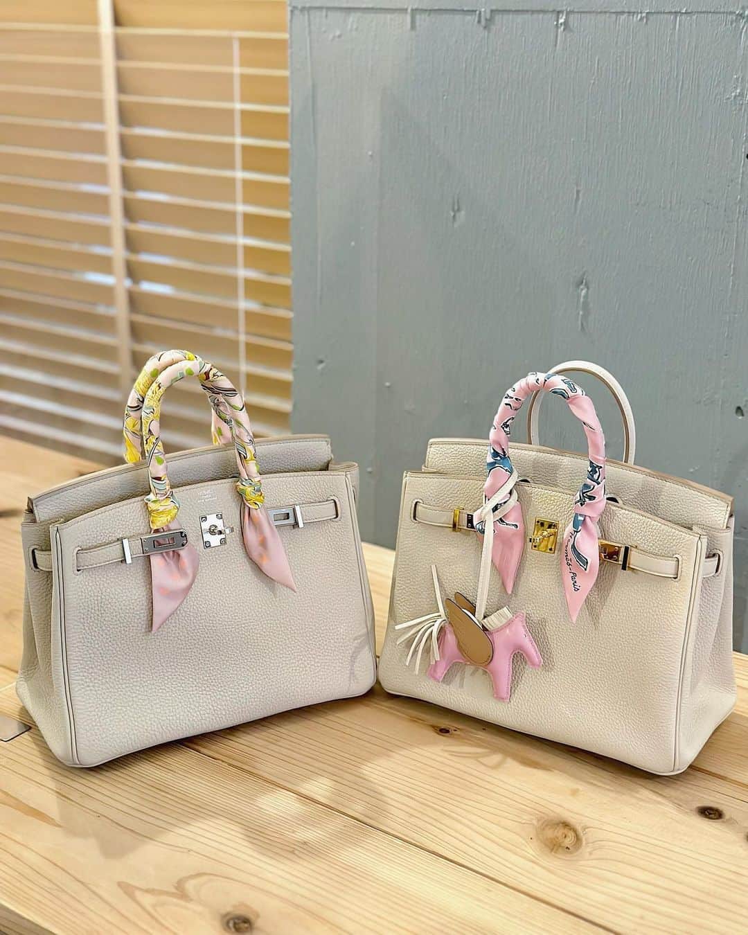 ririのインスタグラム：「可愛すぎるよ🙈🛍 @hermes  #バーキン おそろいだょん💚💚💚 お色は #ベトン　です🌈 アタシのがシルバー金具🔐で さき吉のがゴールド金具🔐💓💓💓  ツイリーの色でもだいぶ雰囲気違うょね🫶🥺 二つ並んだらさらに かわいさが増したね💓💓🌈  #love #happy #エルメス #バーキン25 #エルメス好きな人と繋がりたい」