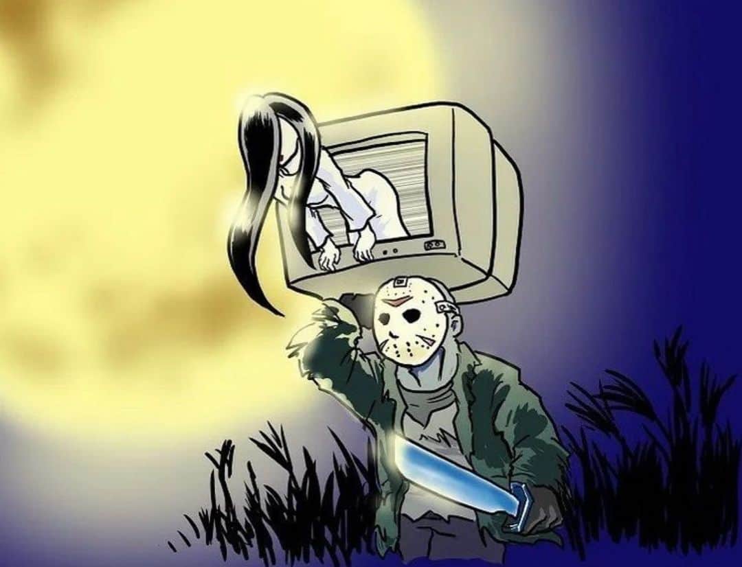 ボニー・モーガンのインスタグラム：「Fan Art Friday the 13th Monster Mashup!! Samara and Jason running amok together at last! #happyfridaythe13th #scaringiscaring #samaramorgan #bonniemorgan #amonsteringwewillgo #amokamokamok #rings #adventuresofbendybonnie #bendybonnie」