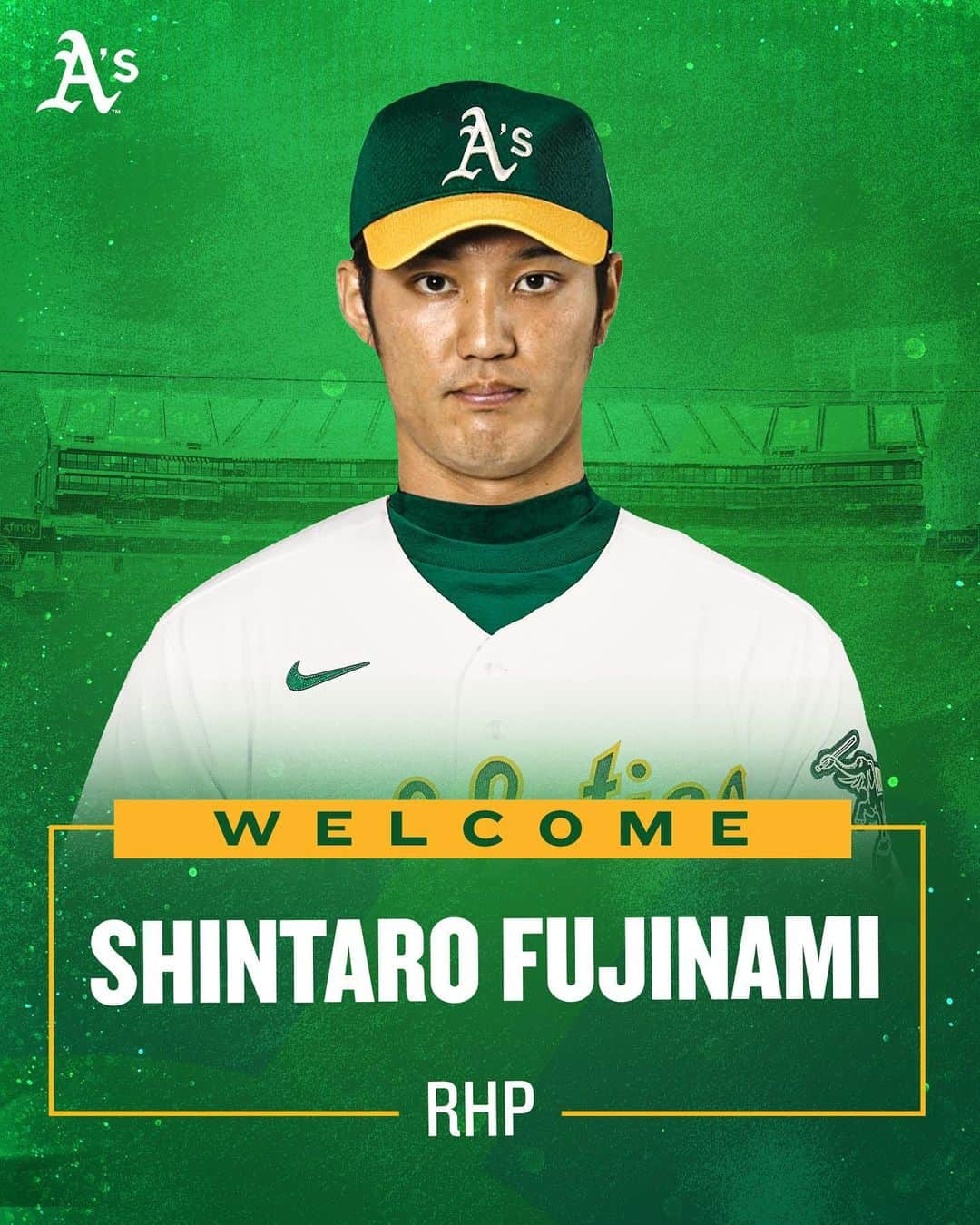 藤浪晋太郎のインスタグラム：「藤浪晋太郎選手、アスレチックスにようこそ  We've agreed to terms with RHP Shintaro Fujinami on a one-year contract for the 2023 season.」