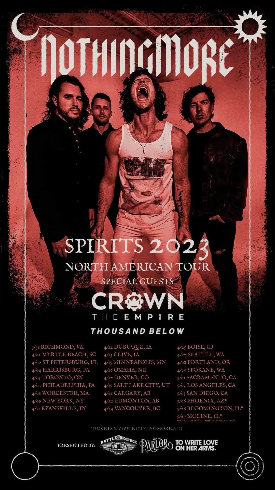 ブランドン・フーバーのインスタグラム：「First tour of 2023 with @nothingmoremusic & @thousandbelow! Tickets + VIP upgrades on sale now at link in bio 🔥  3/31 Richmond, VA 4/01 Myrtle Beach, SC 4/02 St. Petersburg, FL 4/04 Harrisburg, PA 4/05 Toronto, ON 4/07 Philadelphia, PA 4/08 Worcester, MA 4/09 New York, NY 4/11 Evansville, IN 4/12 Dubuque, IA 4/13 Clive, IA 4/15 Minneapolis, MN 4/16 Omaha, NE 4/17 Denver, CO 4/19 Salt Lake City, UT 4/21 Calgary, AB 4/22 Edmonton, AB 4/24 Vancouver, BC 4/25 Boise, ID 4/27 Seattle, WA 4/28 Portland. OR 4/29 Spokane, WA 5/01 Sacramento, CA 5/03 Los Angeles, CA 5/05 San Diego, CA」