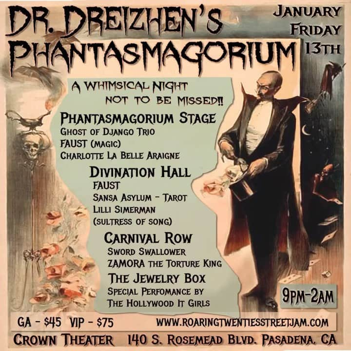 ボニー・モーガンのインスタグラム：「I will be partaking of these whimsically weird wonders tonight if you’re looking for something Friday the 13th-y this evening thank you to our host the darkly dapper @josejpalos tickets at https://www.roaringtwentiesstreetjam.com/product-page/dr-dreizhen-s-phantasmagorium #adventuresofbendybonnie #fridaythe13th #morbidwhimsy #shenanigans #bendybonnie」