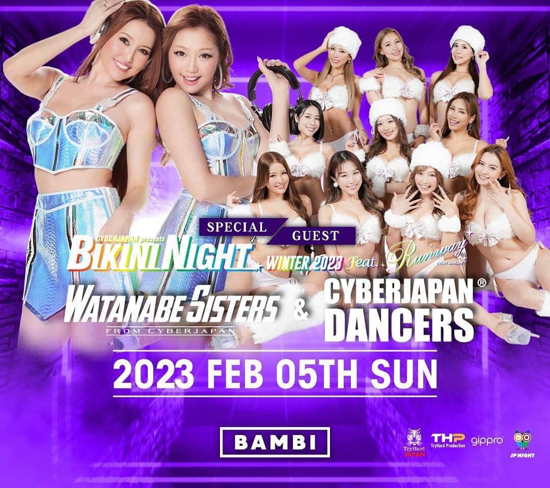 CYBERJAPAN Staffのインスタグラム：「2/5 BIKINI NIGHT WINTER ❄️ @bambi_osaka   DJは、渡辺シスターズ！ @watanabekanae @watanabekazue   CYBERJAPAN DANCERS @cjd_junon @cjd_haruka @cjd_miyabi @cjd_harachan   が出演します！  #cyberjapan #cyberjapandancers #サイバージャパン #サイバージャパンダンサーズ」