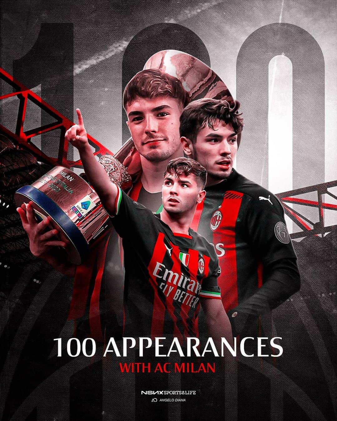 のインスタグラム：「🙏🏻 Sono veramente contento di aver raggiunto il traguardo delle 1️⃣0️⃣0️⃣ presenze con l'@acmilan. È un orgoglio difendere la maglia di questo storico club. Grazie a tutti i tifosi per il loro supporto. ❤️🖤」