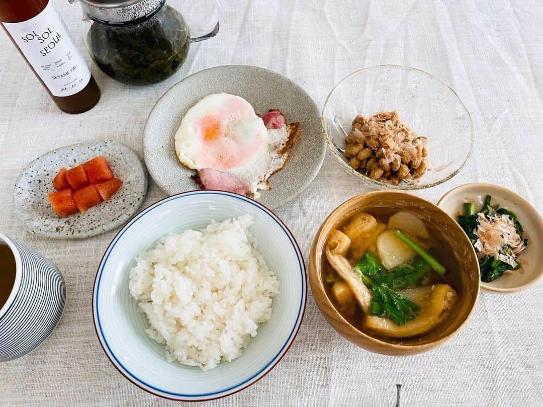 飯島望未のインスタグラム：「休日の朝ごはんのような お昼ご飯🍚  やっと使えた @solsol.seoul のごま油✨ この香りだけでご飯3杯食べられる。😗  メニューはカブと油揚げのお味噌汁 せりのおひたし 納豆 ハムエッグ 明太子 #nozogohan」