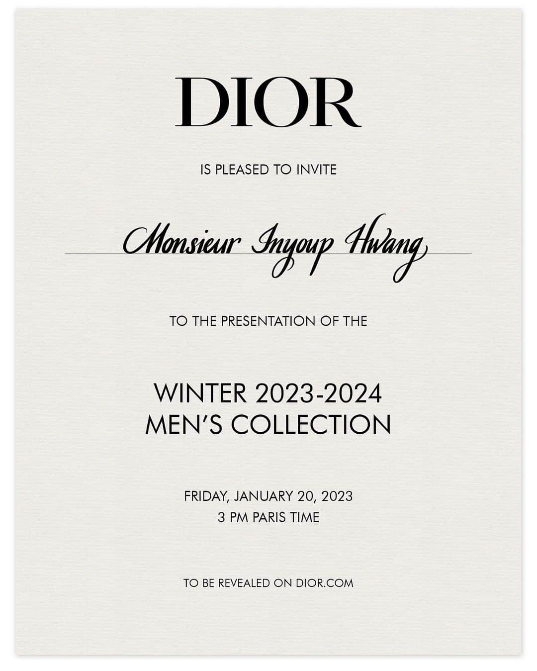 ファン・インヨプのインスタグラム：「🖤 @Dior @MrKimJones #Dior #DiorWinter23  DIOR WINTER 2023 MEN’S COLLECTION - JANUARY 20TH 3PM PARIS TIME – TO BE REVEALED ON DIOR.COM 1월 20일 금요일 오후 11시 (한국 시간) 파리 현지에서 열리는 킴 존스의 WITNERL 2023 MEN’S 컬렉션이 DIOR.COM을 통해 공개됩니다.」