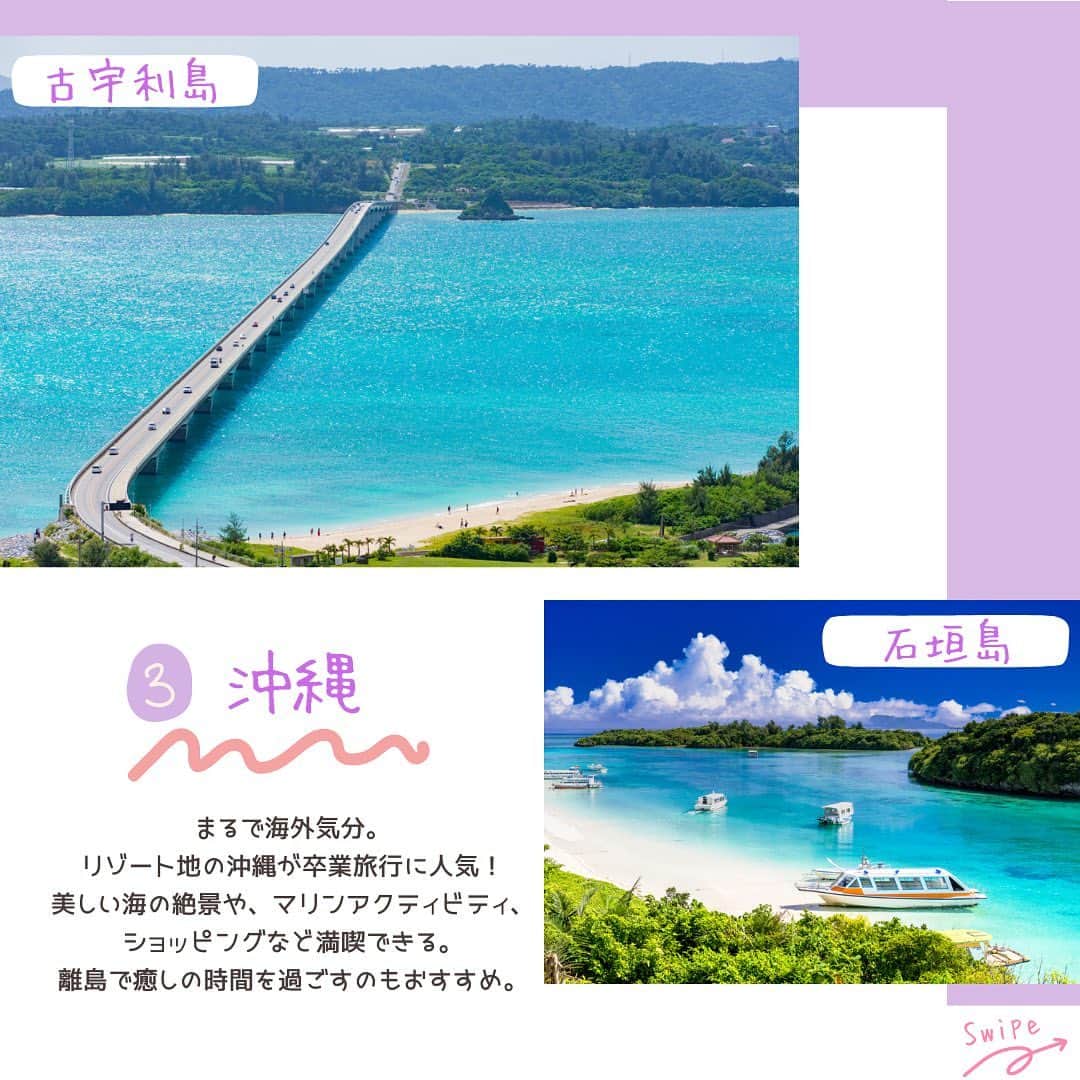 WILLER_TRAVELさんのインスタグラム写真 - (WILLER_TRAVELInstagram)「【#卒業旅行 にぴったり 人気スポット7選】  #北海道  #大阪  #沖縄  #石川 #金沢  #東京  #三重 #伊勢  #福岡   学生のみなさん👩‍🎓 卒業旅行の計画がまだという方は必見です👀 春休み・卒業旅行で行きたい人気スポットを一挙ご紹介🌸大自然、グルメ、テーマパークなど楽しみ方はさまざま♪  気になる旅先を見つけたら、いいね・保存をしておこう📚後から見返せて便利ですよ！  ------------------------------------ ■旅やお出かけに役立つ情報を発信中✍︎꙳⋆ 皆さんからのフォローやいいね、コメントお待ちして います！快適で楽しい旅になりますように❀ @willer_travel  は ■WILLER TRAVEL公式サイトをチェック♪ 高速バスで行く卒業旅行プランあります🚌 ↓プロフィールのURLからご覧ください @willer_travel  ------------------------------------  #willer #willertravel #willerexpress #ウィラー #ウィラーエクスプレス  #卒業旅行計画 #学生旅行 #春休み旅行 #北海道旅行 #大阪旅行 #ユニバーサルスタジオジャパン #沖縄旅行 #東京旅行 #東京ディズニーリゾート #金沢旅行 #福岡旅行 #伊勢旅行 #旅行 #国内旅行 #旅好きな人と繋がりたい」1月20日 15時10分 - willer_travel