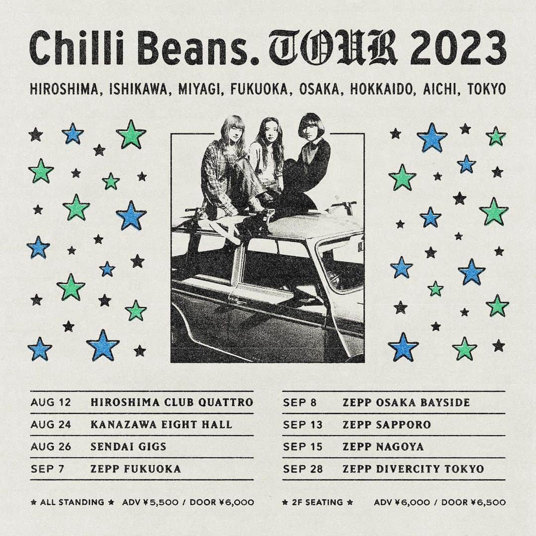 Chilli Beans.のインスタグラム：「Chilli Beans. TOUR 2023「for you TOUR」  08.12(土) 広島@広島 CLUB QUATTRO 08.24(木) 石川@金沢EIGHT HALL ≪SOLD OUT≫ 08.26(土) 宮城@仙台GIGS 09.07(木) 福岡@Zepp Fukuoka ≪2F : SOLD OUT≫ 09.08(金) 大阪@Zepp Osaka Bayside ≪2F : SOLD OUT≫ 09.13(水) 北海道@Zepp Sapporo 09.15(金) 愛知@Zepp Nagoya ≪2F : SOLD OUT≫ 09.28(木) 東京@Zepp DiverCity TOKYO ≪SOLD OUT≫  more info ▶︎ https://chilli-beans.com/news/detail/12270」