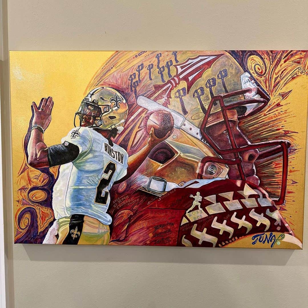 ジェームイス・ウィンストンのインスタグラム：「NOLE SAINT S/O to my main man @kpetry3 for blessing me with this incredible art work from @tunaseitherart. #dreamforever #whodat #gonoles」