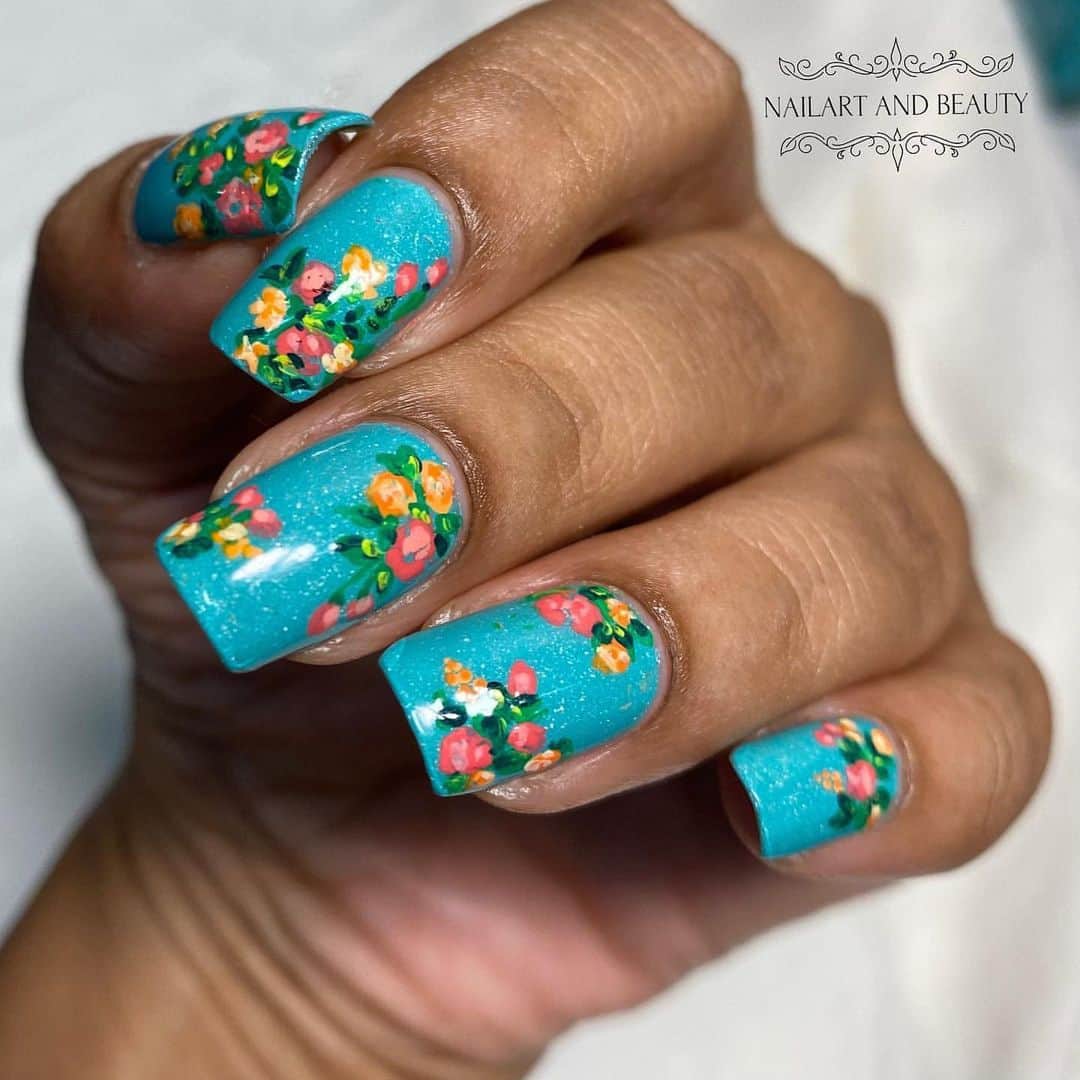 Nail Designsのインスタグラム：「Credit • @nailartandbeauty_setu 💐💐Spring All Way💐💐 Fresh and Peppy Florals on @picturepolish Family. I usually have deep, irrevocable and unbiased love for all colours, each one is magical in its own way, each one brings out something different in your, each one touches your life in its own way.  However, this beautiful Teal - Turquoise hue has my heart❤️. Just my kind of Colour, makes me feel weak in my Knees - Everytime. . . . #picturepolish #picturepolishfamily #freshflorals #brightnails  #nailsofig #nails #selfmadenails #nails2inspire #nailsonpoint #nailslay #fancynails #nailswag #diynails #atlnails #nailspiration #nailsartaddict #instanails #nailstagram #nailitdaily #nailspolished #nailsofinsta #nailitmag #nailsdesign #nailsmag #nailslove  #vintagenails #floralnails #nailsofinstagram #freehandnailartist #freehandnailart」