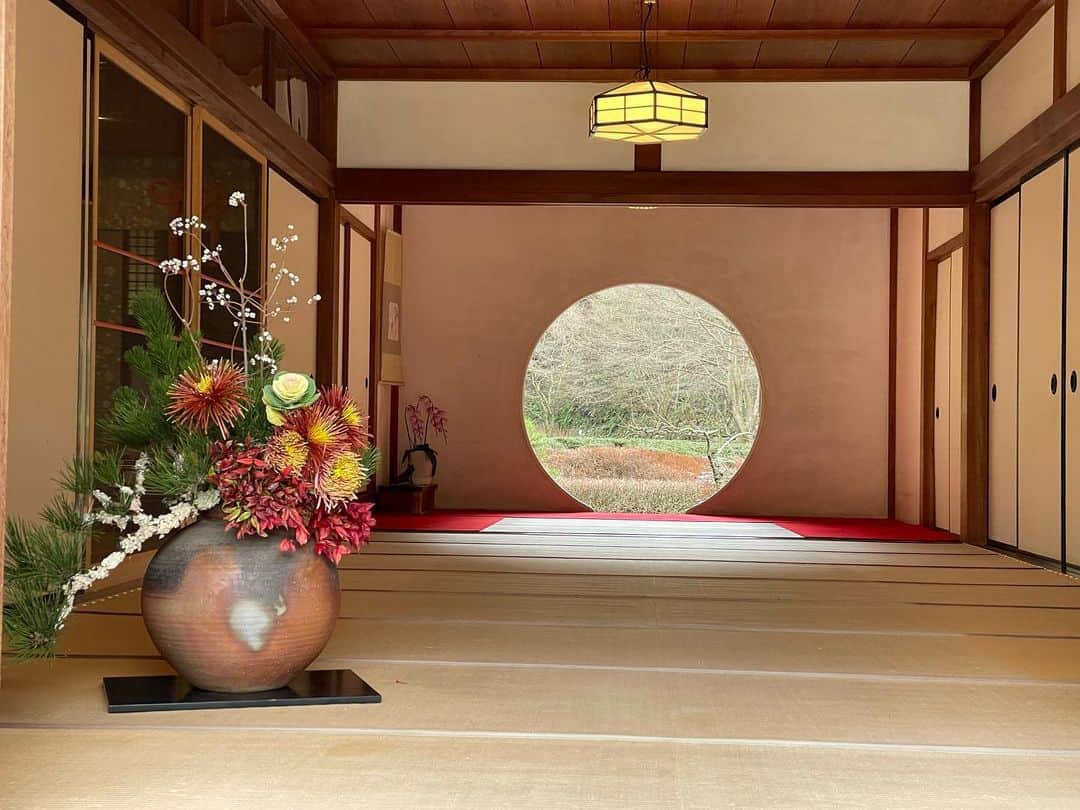 小橋めぐみのインスタグラム：「鎌倉　明月院　 「悟りの窓」ともいわれる、 ご本堂の方丈の丸窓。  円は、禅宗では悟りや仏性、宇宙などを表し、円窓は、自分の心をうつす窓ともいわれています。  そう、本来は、自分と向き合う窓なのですが… 向き合う前に、 自分自身を窓に入れ込んでみました。 そうしたら、 なんだか心霊写真みたいになっちゃいました… 悟りの境地には程遠いです。  窓の奥に望む庭園には、季節によって、 花菖蒲や紅葉を楽しめるそう。  紫陽花寺としても有名で、 境内を埋める数千本の紫陽花は、 明月院ブルーとも。  花が咲き乱れる季節も訪れたいけれど、人が少なく、 ひっそりとした冬の明月院も、とてもよかったなぁ。  #明月院 #鎌倉散策」