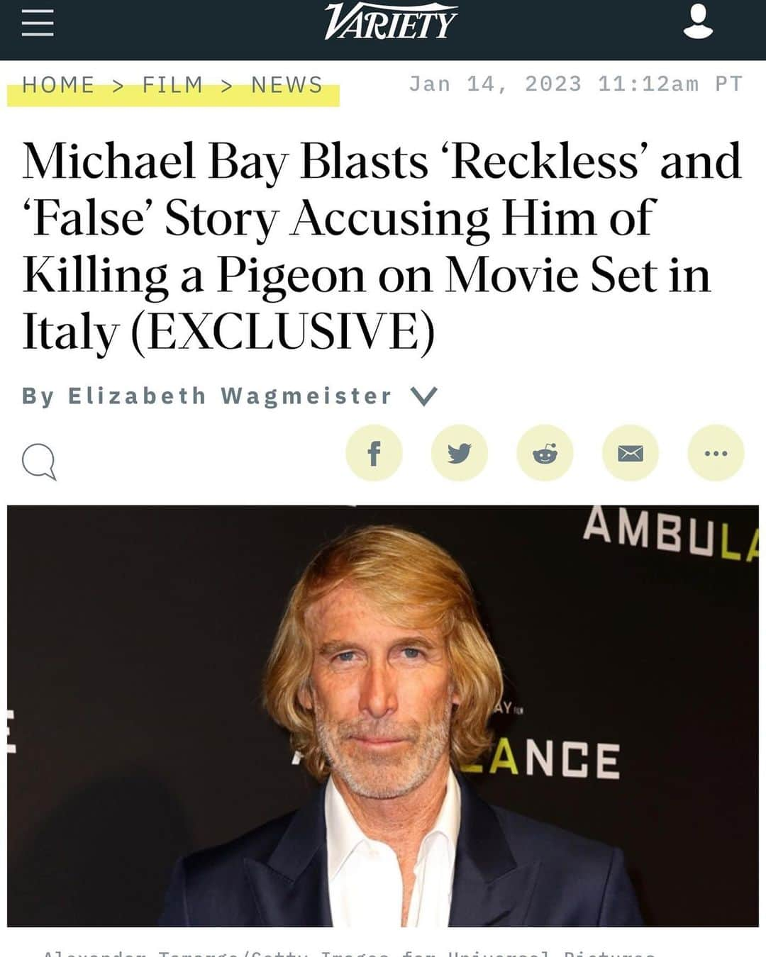 マイケル・ベイのインスタグラム：「THE WRAP, wrote a defamatory story before knowing facts! In a stunt involving 26 stunt players, 7 cars, 250 crew members, 10 safety officers, 3 Pigeon wranglers, 1 Veterinarian.  ALL HOMING PIGEONS arrived home safely!! Most people know I’m a fierce animal activist. This headline for CLICKBAIT, (as the writer told my rep) was shamelessly done for views.  We presented 20 witnesses, they provided none to court. If Italy feels so strongly about protecting this bird, maybe should start by taking Pigeon OFF Italian menu’s in certain rumored Italian restaurants.」