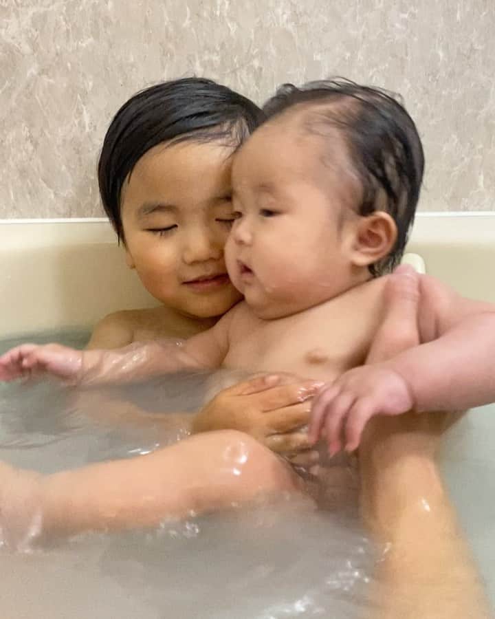 Mai Wakimizuのインスタグラム：「最近の兄と妹♡うんとこしょ、どっこいしょ、それでもかぶはぬけませーんがブームの息子、"ぬけませ〜ん"の顔が面白くて1日何回もやってもらってる♡笑 お喋りが大好きで毎日色んな言葉を覚えて話してくれる♡私と主人の会話をすぐ真似して来るからいつもヒヤヒヤです。笑 今日は、"ねぇねぇパパくさい？"と聞かれて爆笑でした。笑 #2歳6ヶ月#2歳男の子#2歳#生後5ヶ月#女の子ベビー#兄妹」