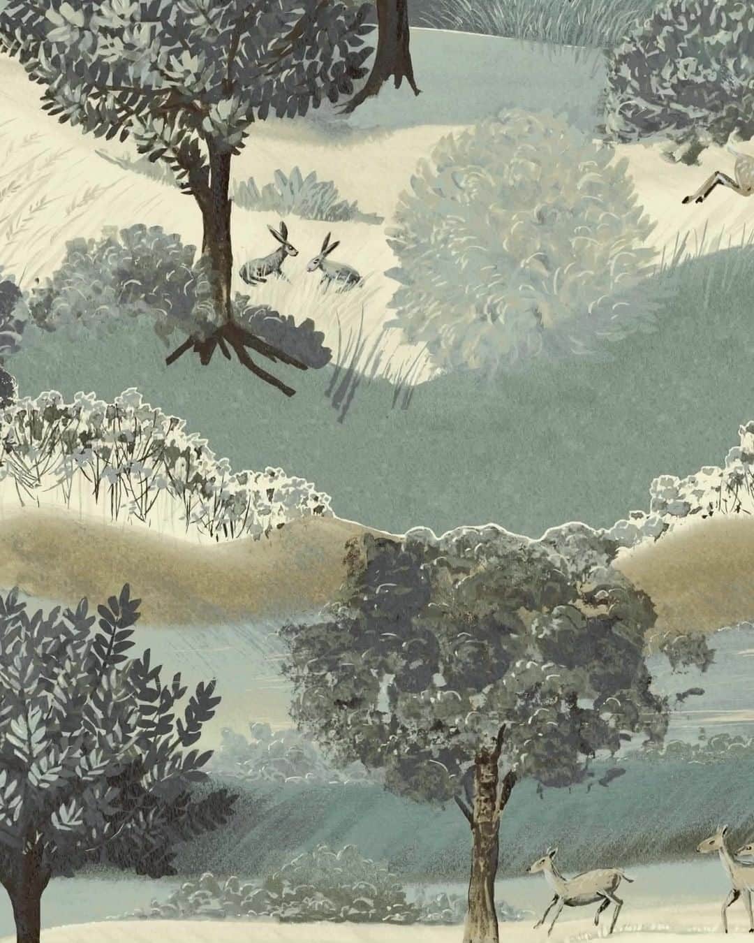 ローラアシュレイのインスタグラム：「Happy Lunar New Year! ✨  It's the Year of the Rabbit.  What better way to celebrate than with our brand new Hartingdon print, which illustrates a countryside scene with leaping rabbits, trees, rolling fields and hills?」
