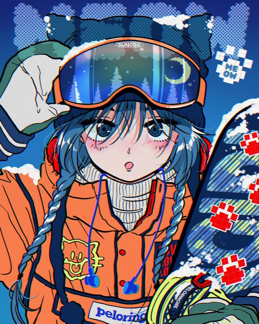 佐藤なつみのインスタグラム：「スノボ日和🐈❄️  Snowboard weather  ・－・－・－・－・－・－・－・－・－・  配色に時間がかかりました🍊 大寒波、皆様お気をつけ下さいませ！⛄️  #エモい #illustration #illustrator #snowboard #winter#冬 #スノボー #スノボー女子 #90s #イラスト #スキーウェア #女の子イラスト #ガールズイラスト #スノーボード #snowboarding #イラストレーター #ストリートファッション #ビーニー #猫耳 #猫耳ニット帽」