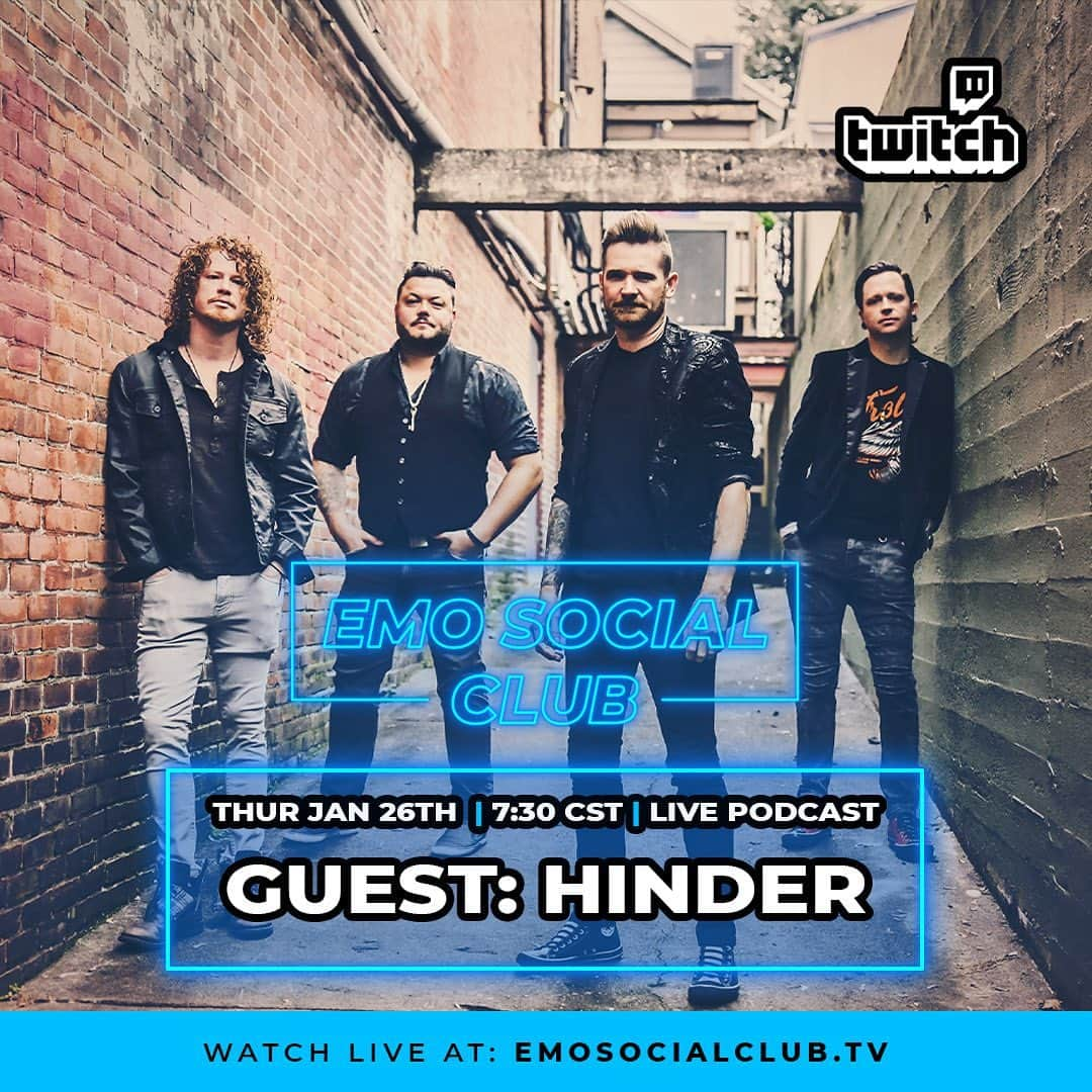 ヒンダーのインスタグラム：「We’re answering all of Gen Z’s (and maybe some millennials) burning questions on this weeks episode of @emosocialclub 👊  Tune in on Thursday at 7pm CST at emosocialclub.tv   #emosocialclub #hinder #podcast #twitch #alternative #rock #grunge #metal #lipsofanangel」