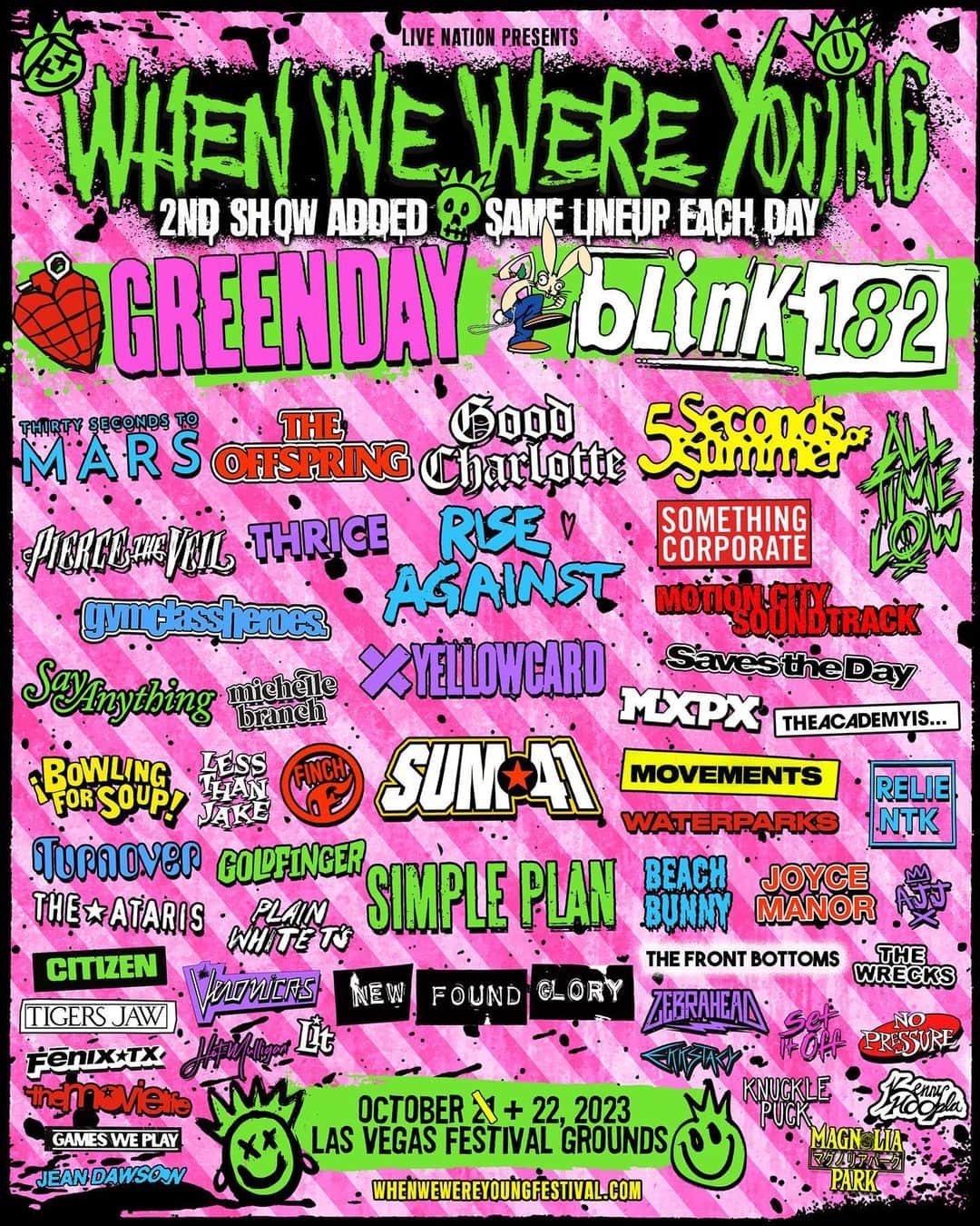 blink-182のインスタグラム：「@whenwewereyoungfest Night 1 sold out! So we are getting a Night 2 with the same lineup! Register now for the presale that starts this Friday, February 24th at 2PM PT.」