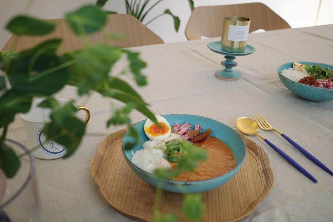 内山理名さんのインスタグラム写真 - (内山理名Instagram)「Burkina Faso.. 𓁉 　  西アフリカ料理・ソースパテアラシッド。 トマトとピーナッツバターで煮込むスパイシーなシチュー🥘　  そんなに珍しい食材は使っていないけど不思議といつもと違うお味をたのしめる！  日本米でも合いそうだけど、この日はジャスミンライスで。  器は新しく届いた、陶芸家　#鈴木麻起子  さんの器..。とても軽くて扱いやすい。温かみのあるターコイズブルーが好みです♡」2月19日 15時23分 - rinauchiyama_official