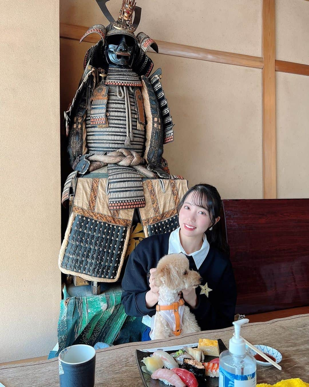 南まゆさんのインスタグラム写真 - (南まゆInstagram)「♡ わんちゃんOKのお寿司屋さんへ🍣🥰 . みるみる連れて行ってきました☺️💕 . 凄い甲冑飾られてました🐲✨ . #犬同伴ok #寿司　#寿司ランチ#都内ランチ#都内ご飯　#日本橋ランチ」2月19日 16時20分 - mayuminami1127