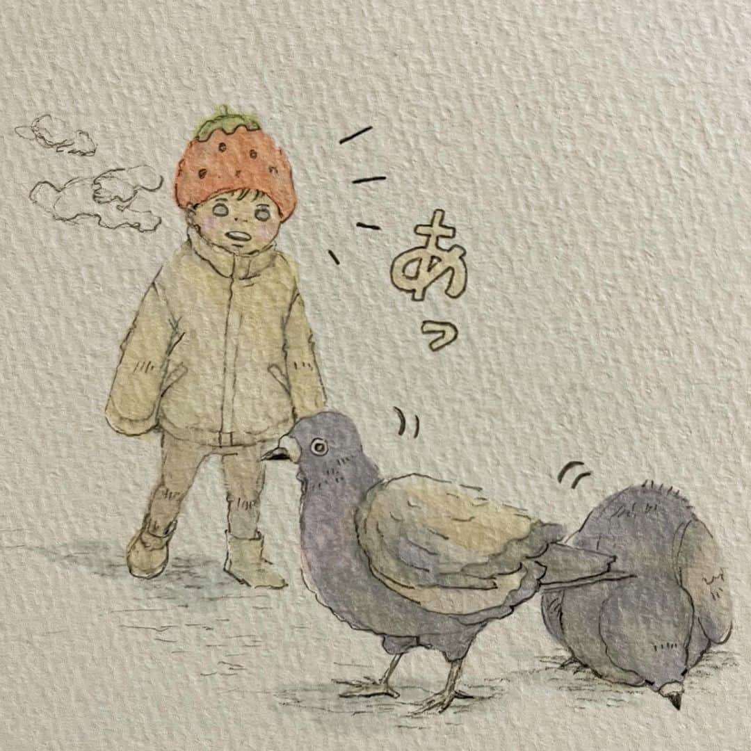 いとうさんのインスタグラム写真 - (いとうInstagram)「雪が降った日の落描き。  　#めったに雪がふらない場所で　#道路に薄く積もるくらいの雪が降った日に　#首元を寒そうにしているハトさんと　#いちごの帽子がとても似合う女の子とすれ違い　#別におどかすつもりじゃなかったんですけどね(´・ω・) #という女の子の表情になんか笑ってしまいました^_^  ●図書『 #発達臨床サポートブック 』（ #学苑社 ）について、お問い合わせいただきありがとうございます^_^／プロフィール欄のリンクより是非詳細をご覧ください。  　#イトウハジメ #イラスト　#漫画」2月20日 5時48分 - itototoon