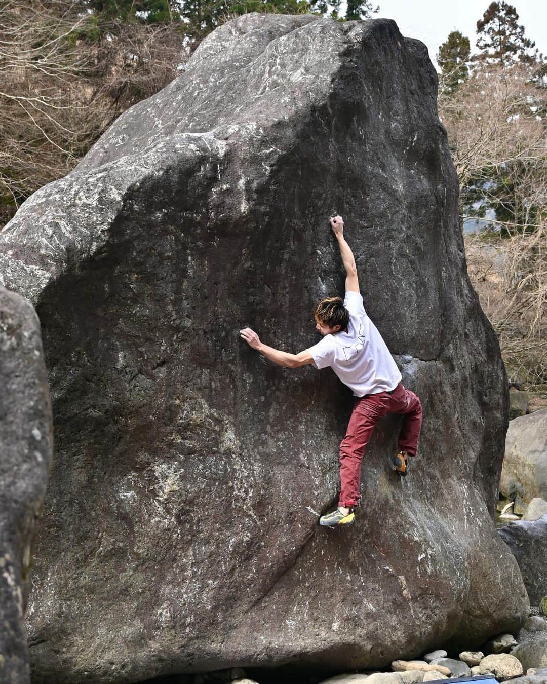 石松大晟さんのインスタグラム写真 - (石松大晟Instagram)「・ 今年初の岩。 到着した途端に小雨が降り始めて1時間半しかトライ出来なかったけど、持ち方や足の置き方、角度、ポジションを微調整し、前回止めれなかった一手をすぐに止める事が出来た。対応力の成長を感じれてとても嬉しい。  このラインは完登動画が公開されていないので、今は1からムーブを組み立てている段階。最初は全く分からない状態からスタートしたが、今はなんとか完登までのイメージが固まってきた。こんな贅沢な時間は体験した事がなく、「完登までのプロセスを楽しむ」とは正にこの事だなと感じる。これをトライしている時間、考えている時間がとても楽しい。 @keitakurakami ありがとうございます。  完登まではまだまだ先が長いから時間がかかるだろうけど、このまま自分の力だけで登りきりたい。 次はもう一手先！！  @lasportivajp @carbongrip @thoufun_official @mudhand_cb  #climbing #bouldering #rockclimbing #クライミング #ボルダリング #ロッククライミング」2月19日 21時47分 - taiseiishimatsu