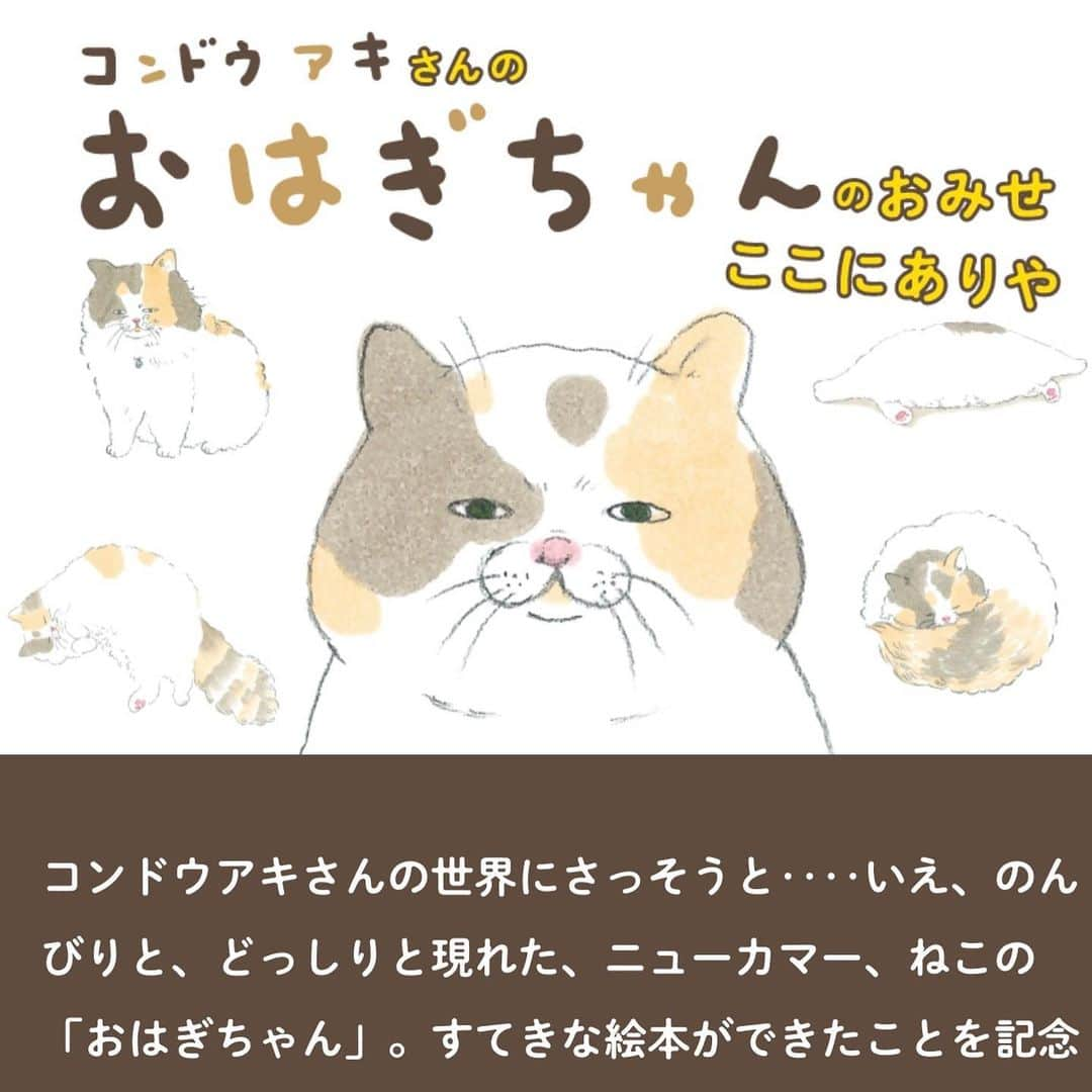 コンドウアキのインスタグラム：「早いもので、とうとうあと2日で、おはぎちゃんが発売になるのですが、なんとおはぎちゃんのおみせができました。 おはぎちゃんのおみせ、ここにありや、です。  みんなが3度見するおはぎちゃん巾着や、おいしくて止まらない上に食べるときにおはぎちゃんと目が合うパパブブレセット。  ぜひ、本と一緒にほぼ日さんでお買い求めいただけましたら幸いです。  ちなみに、ほぼ日さんで本を購入いただくと、オリジナルしおりがついてきます。なかなかの大きさで存在感満載ですよ✨  #おはぎちゃん  #ほぼ日 #コンドウアキ #絵本 #猫 #cat #papabubble #パパブブレ #巾着」