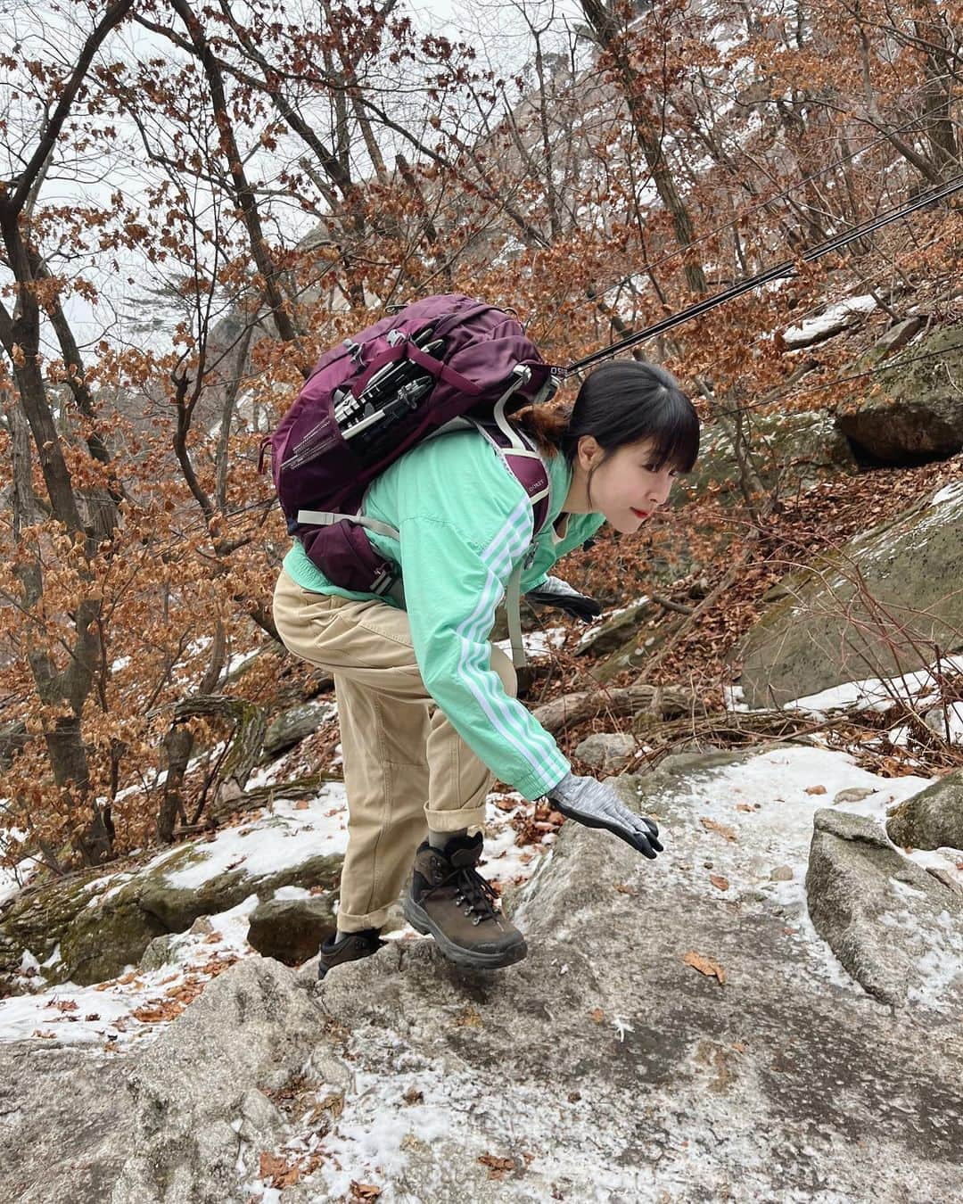 パク・ミンジさんのインスタグラム写真 - (パク・ミンジInstagram)「늦겨울 #홍등회 ⛰️  북한산 정상은 완전 오랜만!  지금 근육통에 고생이지만..ㅋㅋ 오르는 시간만큼은 참 신났음! 아직 얼음이 덜 녹은 길들이 중간중간 있어서 스릴도 있었고, 새들 고양이들두 만나구, 도시락은 꿀맛이었다 😚 대신 흐린 날씨와 미세먼지 탓에 쨍한 풍경은 못 보았지만..!  다음번 봄 홍등회 때는 푸릇푸릇한 풍경 볼 수 있겠지! 🌿」2月20日 15時25分 - kannamingoo