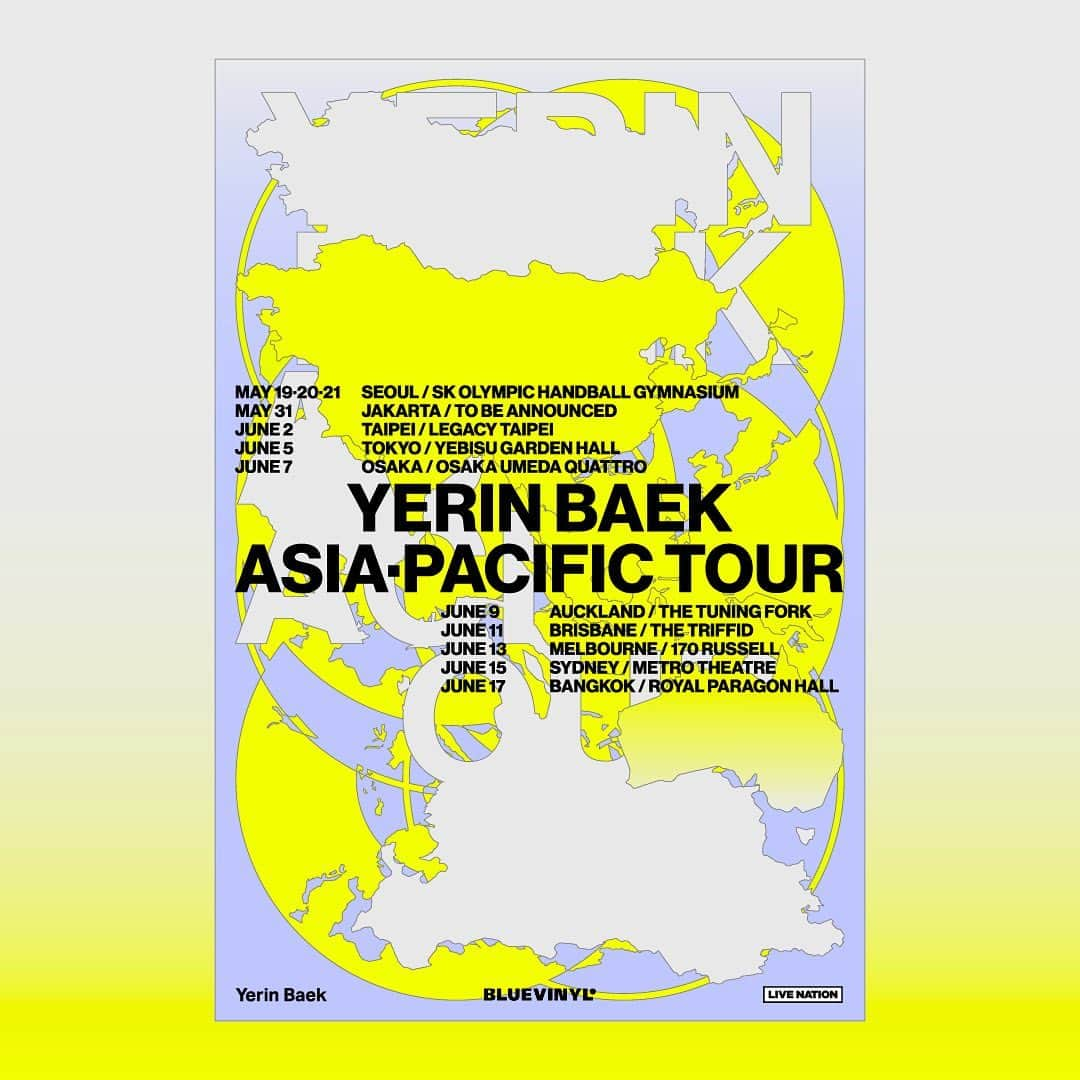 イェリンのインスタグラム：「⠀ <2023 Yerin Baek Asia-Pacific Tour> ⠀ ⠀ May 19,20,21  Seoul   May 31  Jakarta  June 2  Taipei  June 5  Tokyo June 7  Osaka June 9  Auckland June 11  Brisbane June 13  Melbourne June 15  Sydney  June 17  Bangkok ⠀ Check the ticket sales schedule on the live nation site. 🔗 https://www.livenation.asia/artist-yerin-baek-1382106 ⠀ ⠀ #yerinbaek #백예린 #yerintour #백예린아시아투어 #백예린단독공연」