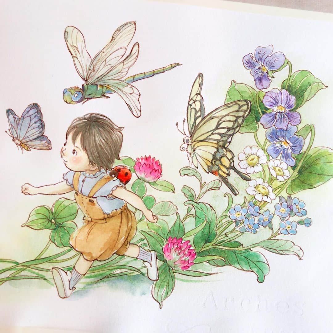 イラストレーター山崎牧子のインスタグラム：「完成🎨 この子と出会うもう一人の 女の子の絵をまた少しずつ 進めていきます #水彩画#水彩イラスト#子ども#自然#昆虫#いなとめまきこ#artwork#watercolor#watercolorpainting#childrenillustration#makikoinatome」
