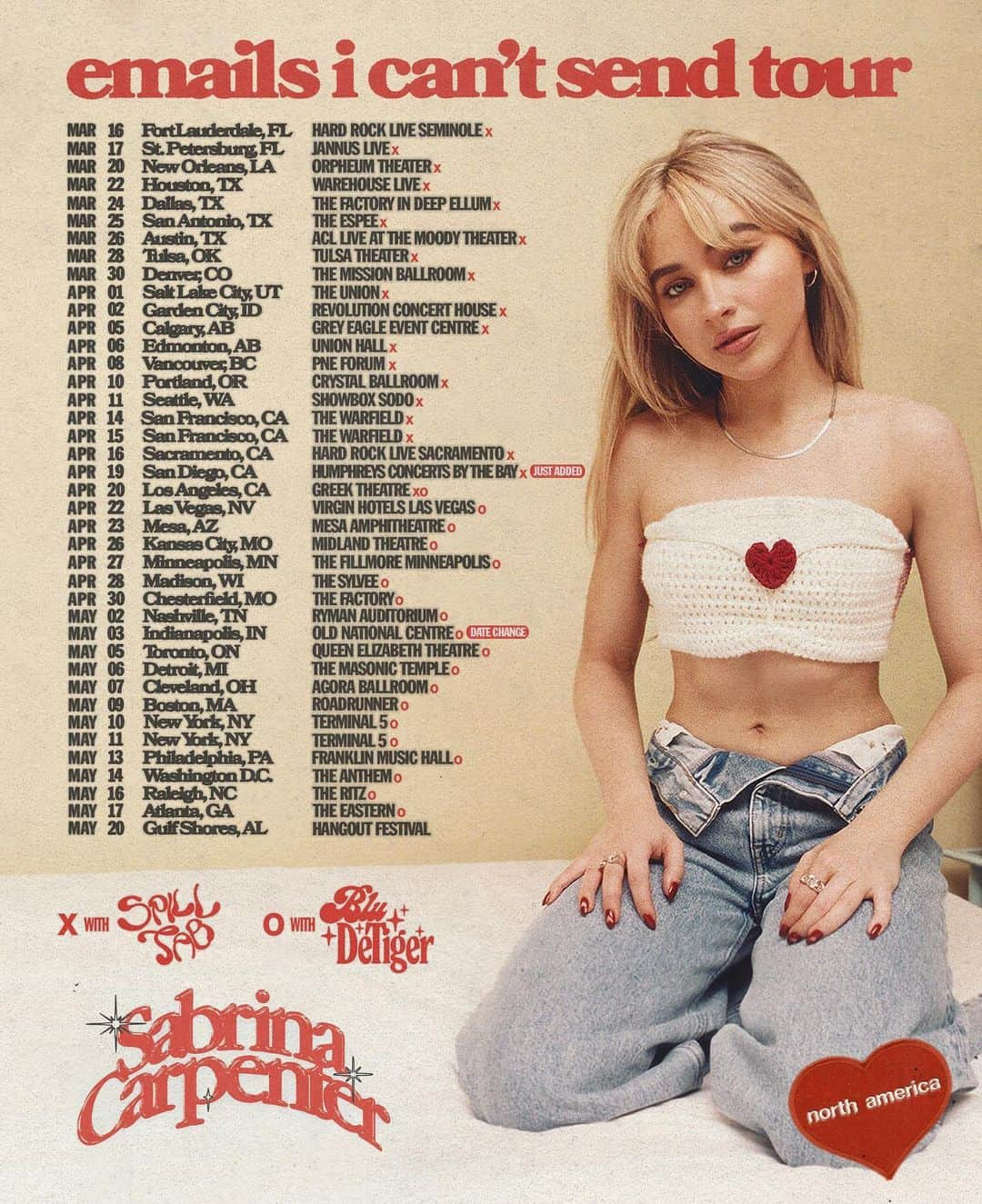 サブリナ・カーペンターのインスタグラム：「so excited to announce the incredible @bludetiger & @spilltab opening up on this tour!! also new date added in San Diego !!!! Get your tix now while u can ♡」