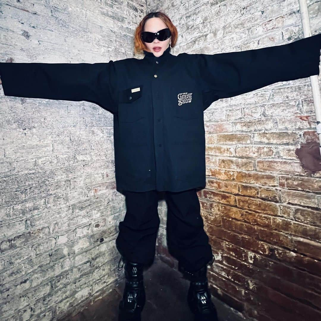 マドンナのインスタグラム：「Thinking of Tour Merch. For the tour. I want to bring back some of the classics like this Jacket !! Or the bomber jacket from Blonde Ambition……….. any thoughts ? 😉😉 #madonnacelebrationtour」