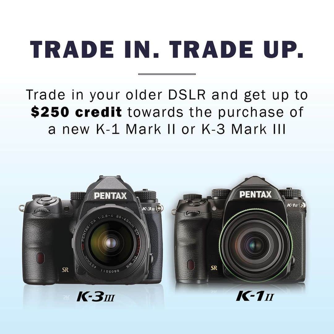 Ricoh Imagingのインスタグラム：「We’re excited to announce our Trade-Up Program!   Trade in your old DSLR and get up to $250 in credit towards the purchase of a new K-1 Mark II or K-3 Mark III! To learn more and to fill out the form, visit the website in our bio.」