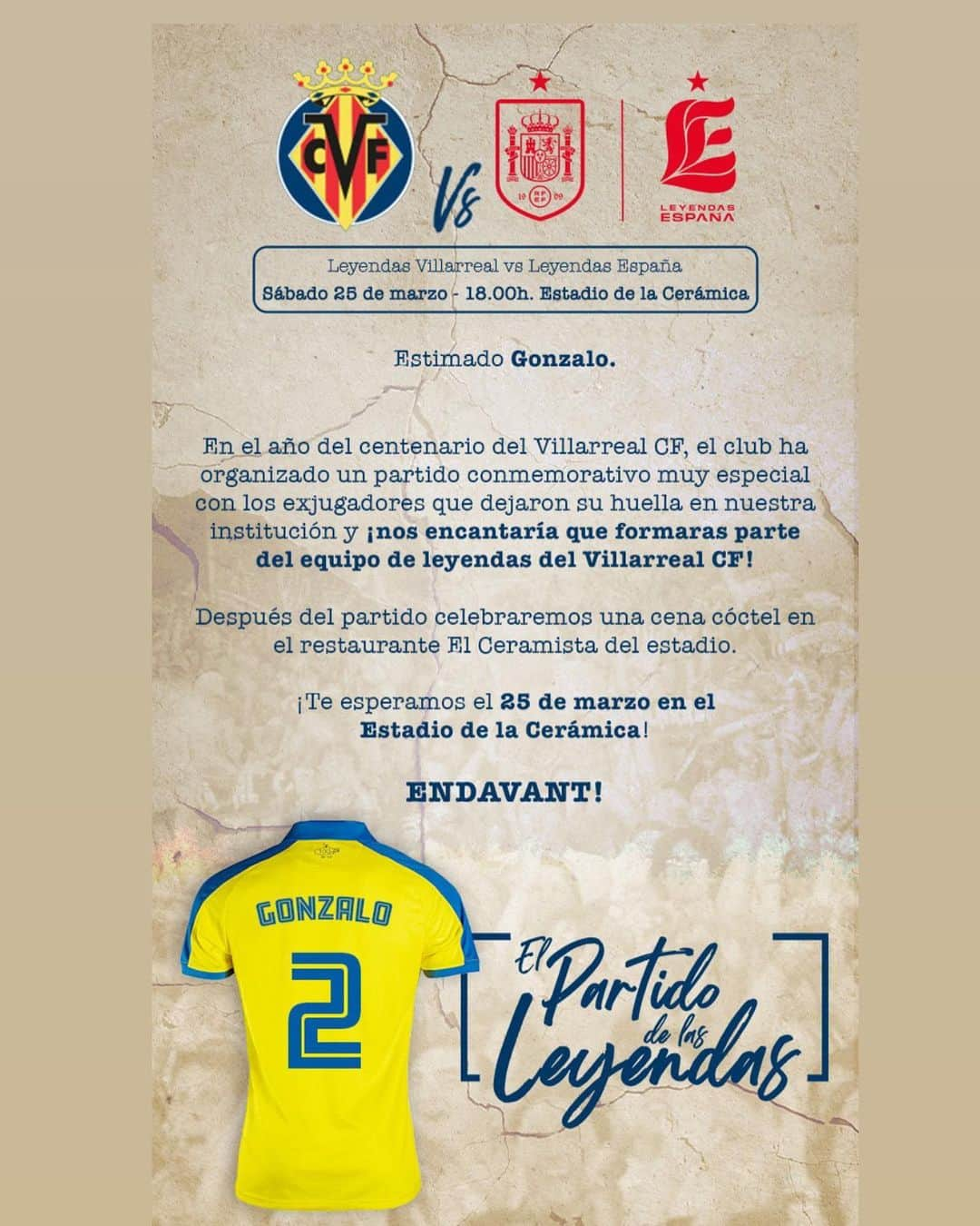 ゴンサロ・ロドリゲスのインスタグラム：「25 de marzo los espero para acompañarme en el "PARTIDO DE LAS LEYENDAS"… Gracias @villarrealcf por hacerme parte de su historia en este año tan especial festejando sus 100 años ….#centenarivillarreal #partidodelasleyendas…」