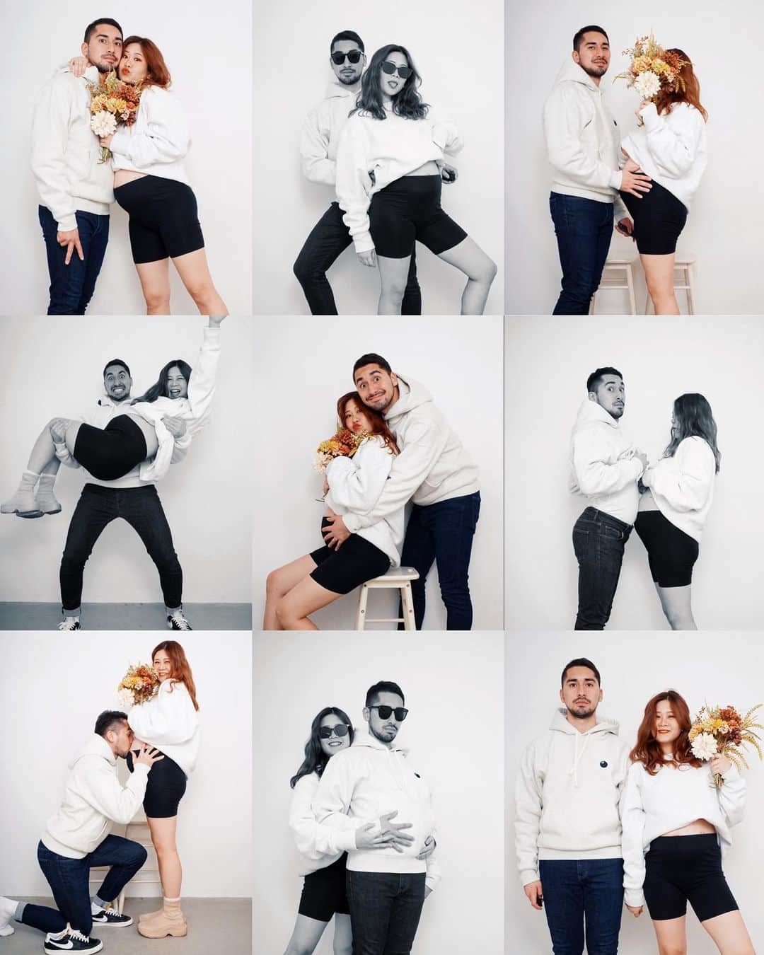 YOKOのインスタグラム：「1st Anniversary💐  結婚1周年はまさかの日本とアメリカとの遠距離となり家族も1人増え1年前とは全く違う環境となりました🌼  3人で暮らすの楽しみだな〜💕  写真は出国前日に思いついて撮ったマタニティフォト🤰 写真嫌いな旦那なので自分達のタイミングで撮れるセルフフォトスタジオで♡  嫌いなことも私の提案はだいたいOKしてくれる(させられる)旦那です🥰 まぁ5分でギブしかけてたけど笑  そんな今日は娘の1ヶ月検診で2人でヘトヘトとなりました👶🏻 体重もしっかり1kg増え日に日にむちむちとなっております🧡  私は湯船が解禁となって超ハッピーな気持ちです🛁  #1stanniversary」