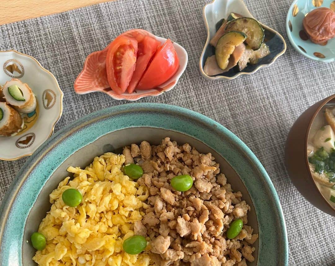 三津谷葉子さんのインスタグラム写真 - (三津谷葉子Instagram)「そぼろでお昼ごはんだった日🍚 なぜかそぼろがパサパサになった☺️  この可愛い豆皿セットは 以前、希妃ちゃま @kikisugino から誕生日プレゼントでいただいたもの♡  めーーっちゃお気に入り🫶🏻🥰」2月22日 14時53分 - yoko_mitsuya