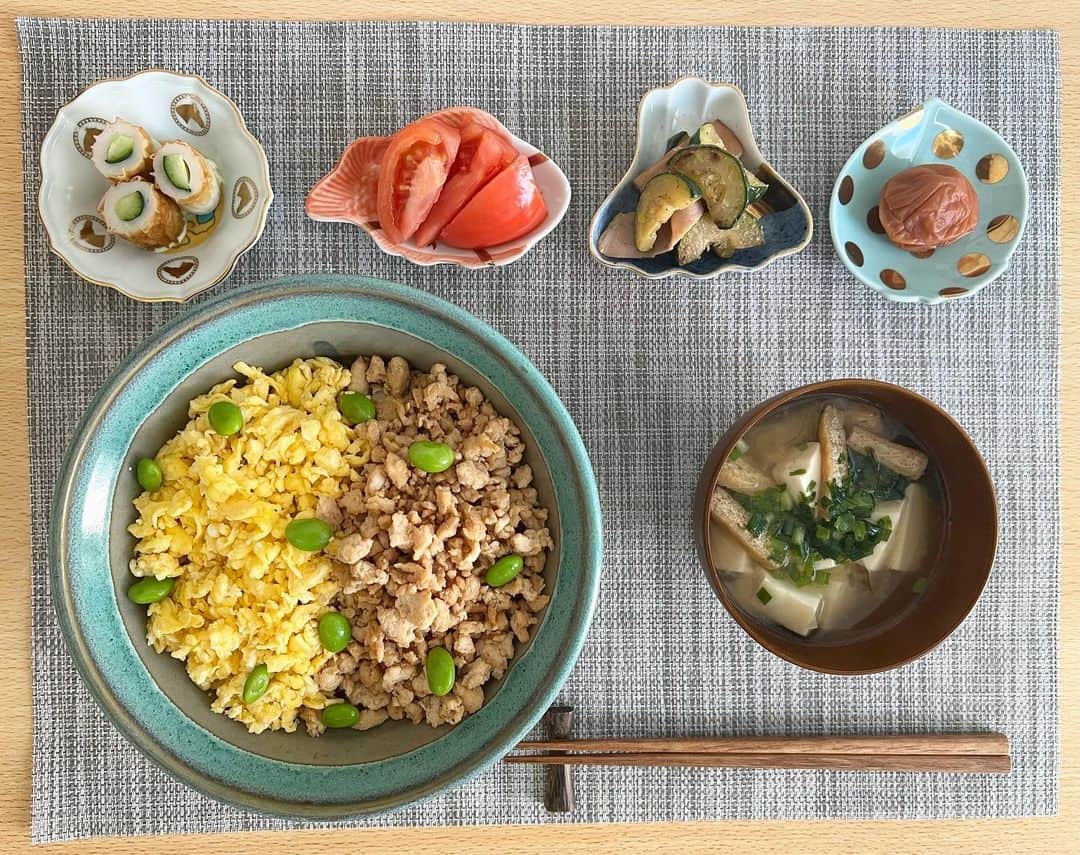 三津谷葉子のインスタグラム：「そぼろでお昼ごはんだった日🍚 なぜかそぼろがパサパサになった☺️  この可愛い豆皿セットは 以前、希妃ちゃま @kikisugino から誕生日プレゼントでいただいたもの♡  めーーっちゃお気に入り🫶🏻🥰」
