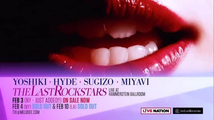 雅-MIYAVI-のインスタグラム：「Bang, bang, bang 💥 NYC, we’ll rock you.   #Repost @thelastrockstars ・・・ #TheLastRockstars are coming to ROCK New York City!  2023 Debut Tour SOLD OUT! New show JUST ADDED Feb 3 at #HammersteinBallroom  Tix: Melodee.com  #YOSHIKI #HYDE #SUGIZO #MIYAVI  @yoshikiofficial @hydeofficial @sugizo_official @miyavi_ishihara」