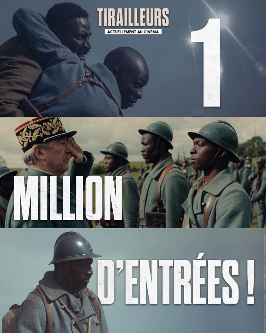 オマール・シーのインスタグラム：「+ d’1 Million d’entrées pour TIRAILLEURS.   Quelle fierté, quelle joie pour toute l’équipe du film…  Toute notre gratitude envers ceux qui sont allés le voir et ont donné l’envie à d’autres de le découvrir.   L’aventure continue… MERCI À TOUS.」