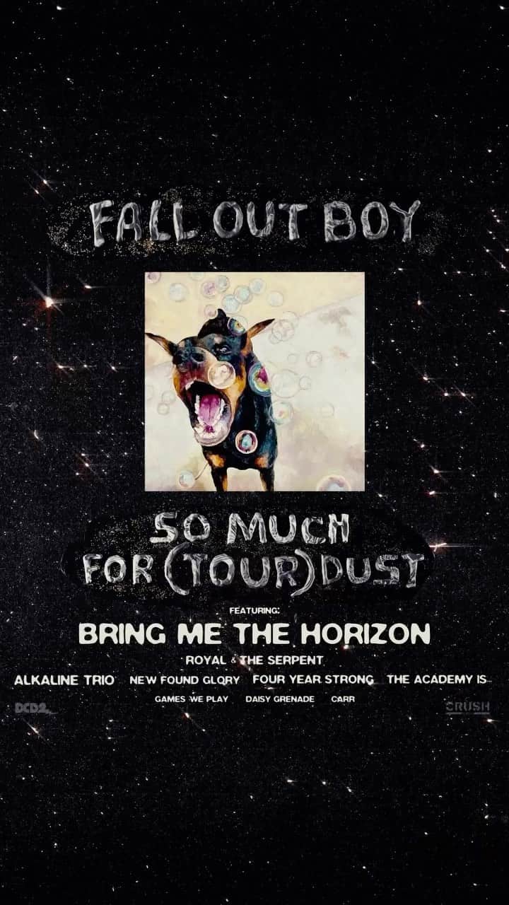 フォール・アウト・ボーイのインスタグラム：「🚨 WAKE UP, we’re going on tour 🚨  ✨ So Much For (Tour) Dust ✨ is coming to stadiums and amphitheaters this summer!  We’re taking @bringmethehorizon + @royalandtheserpent along for the ride plus @alkaline_trio, @newfoundglory, @fouryearstrong & @theacademyismusic on select dates.   pre-sale begins thursday, at 10am local. sign up to the mailing list by 10pm ET on Wednesday, feb 1 to get the code - link in bio.  general on sale starts friday, at 10am local.  See you on the Other Side!   p.s. we’re also bringing along some of the @dcd2records homies for these shows 👀 p.p.s. more on international dates ✨ soon ✨ p.p.p.s. we can’t wait to kick things off at Wrigley, go BIG aaaand go HOME!!」