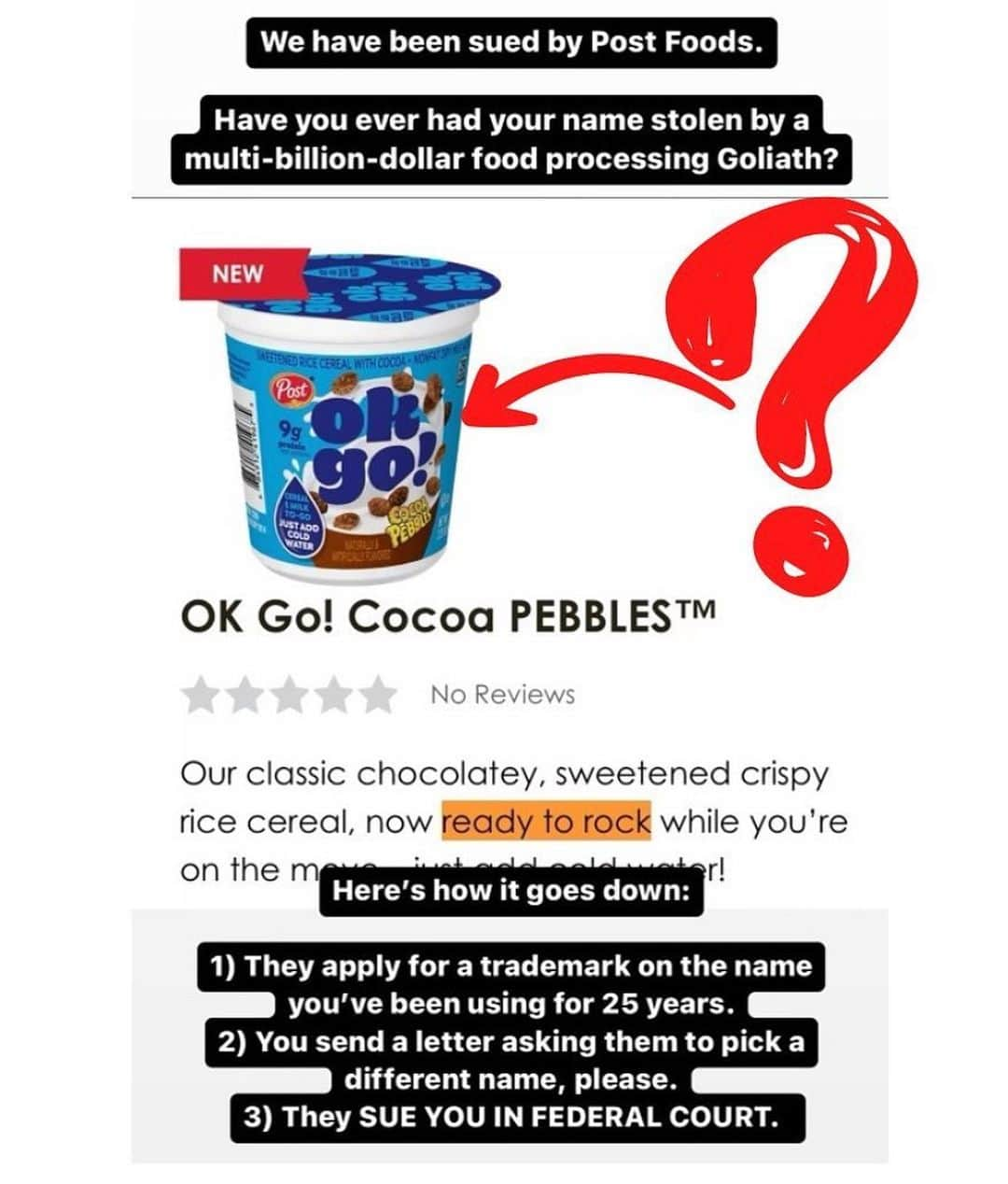 ダミアン･クーラッシュのインスタグラム：「Feel free to repost: OK Go has been sued by Post Foods.  Have you ever had your name stolen by a multi-billion-dollar food processing Goliath?    Here’s how it goes down:  1) They apply for a trademark on the name you’ve been using for 25 years. 2) You send a letter asking them to pick a different name, please.  3) They SUE YOU IN FEDERAL COURT.    On top of it all, according to Post, this breakfast food is “ready to rock.” Very classy.   #weareOKGO」