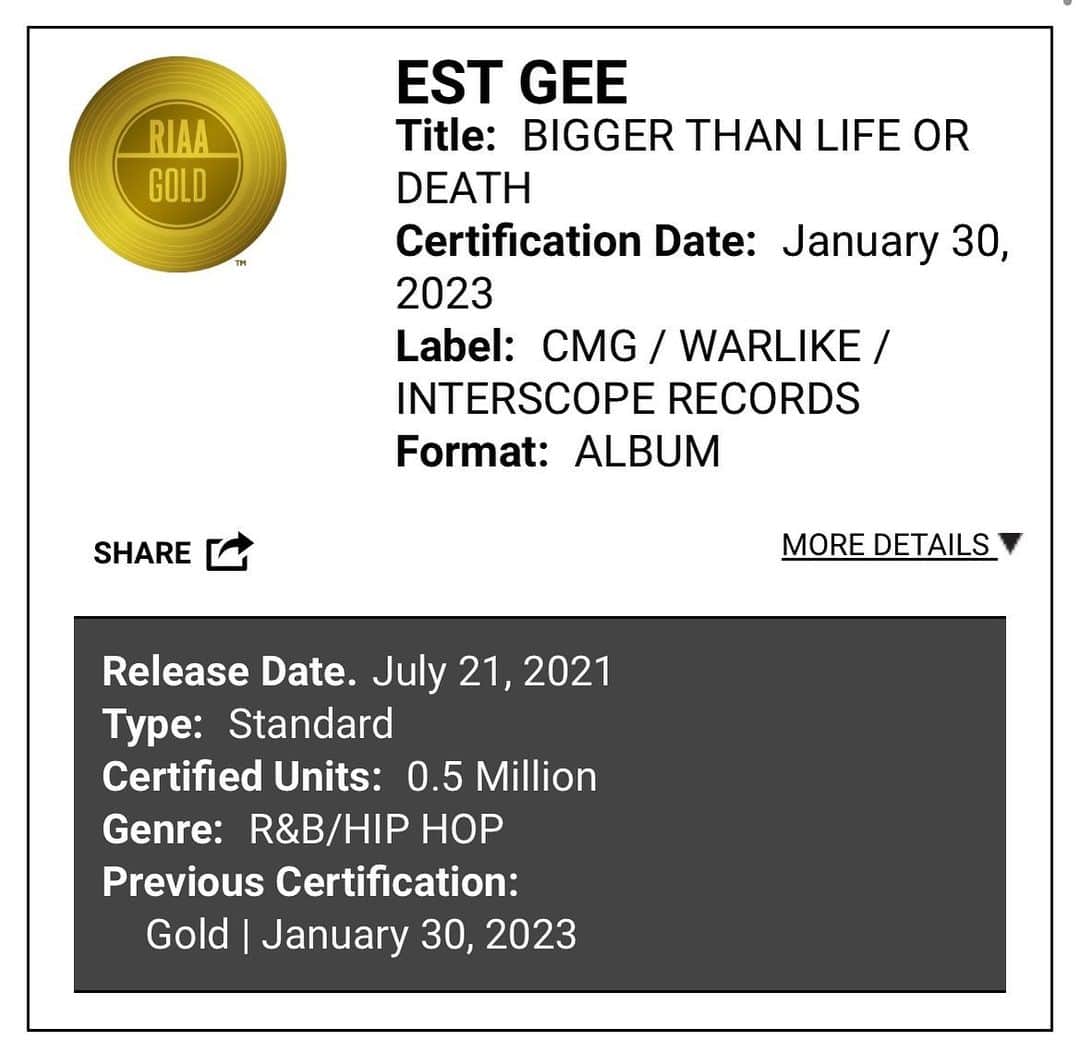 のインスタグラム：「RIAA Certified Gold📀 EST Gee "Bigger Than Life Or Death" In Town (feat.Lil Durk) Album 0.5Million Units」
