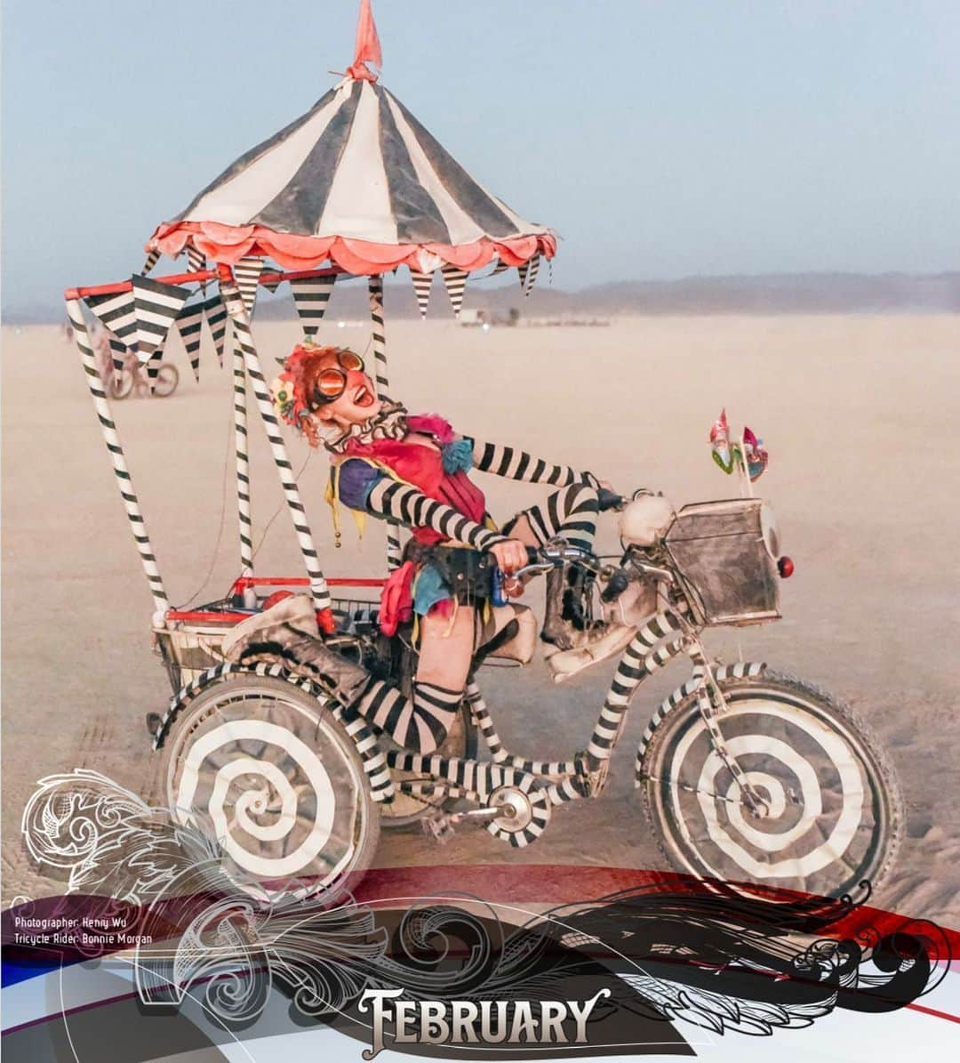 ボニー・モーガンさんのインスタグラム写真 - (ボニー・モーガンInstagram)「Happy February!! Imagine my surprise when I found out I’m Ms February in the official Burning Man 2023 calendar!!! Thank you @burningman and @humminglion for this spectacular pic on The Trike Of Epic Awesomeness and celebrating our shenanigans!! Available at https://marketplace.burningman.org/product/336-burning-man-2023-calendar/ #adventuresofbendybonnie #burningman #playaclown #blackrockcity #stripes #brc #trikeofepicawesomeness #shenanigans #runningamok #calendargirl #msfebruary #henrywu #thankyou #seeyouinthedust #bendybonnie」2月2日 9時51分 - bendybonnie