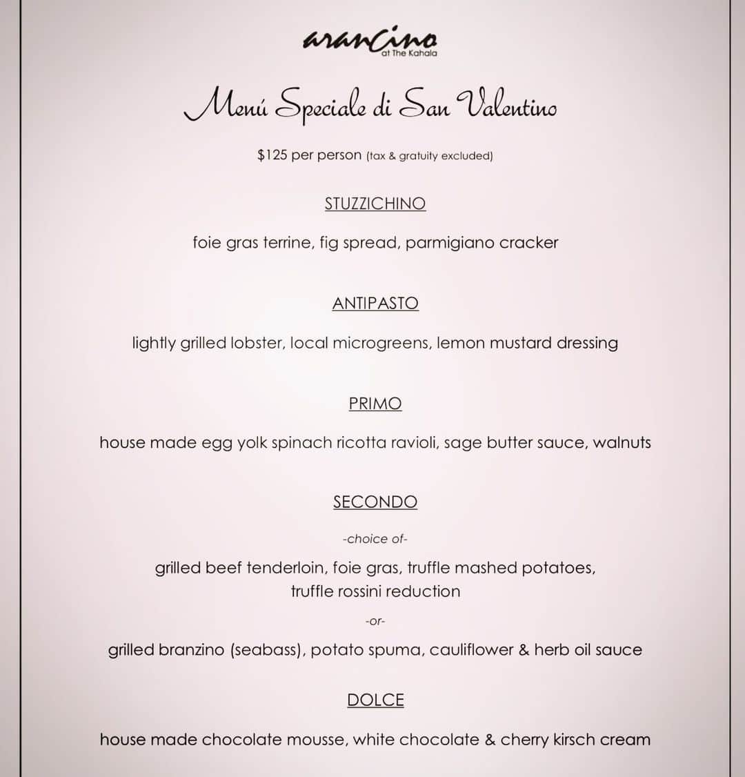 のインスタグラム：「♥️ Valentine’s Day Five Course Dinner ~ preview of some of our special menu on 2/14! Reservations are available at 808-380-4400. [$125 per guest]」