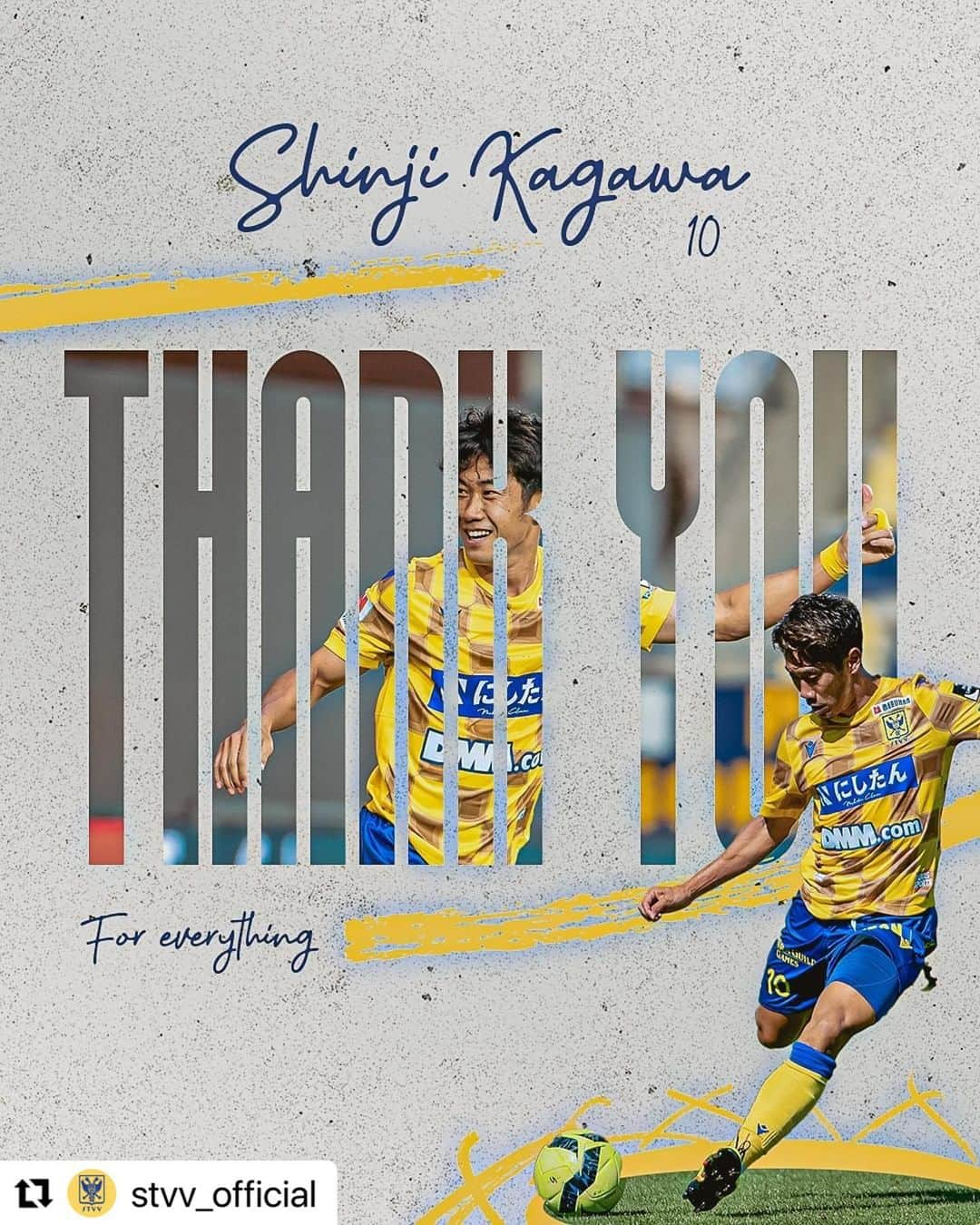 香川真司のインスタグラム：「Thank you for everything. I wish STVV all the glory! #stvv  @stvv_official  @stvv_jp  #Repost @stvv_official with @use.repost ・・・ 𝙎𝙝𝙞𝙣𝙟𝙞 𝙆𝙖𝙜𝙖𝙬𝙖 returned yesterday to Japan ✈️ STVV and his former club, @cerezo_osaka, have reached an agreement for the permanent transfer of the world star!  🔗 Read more about the transfer on our website (link in bio)  Thank you @sk23.10 💛💙」