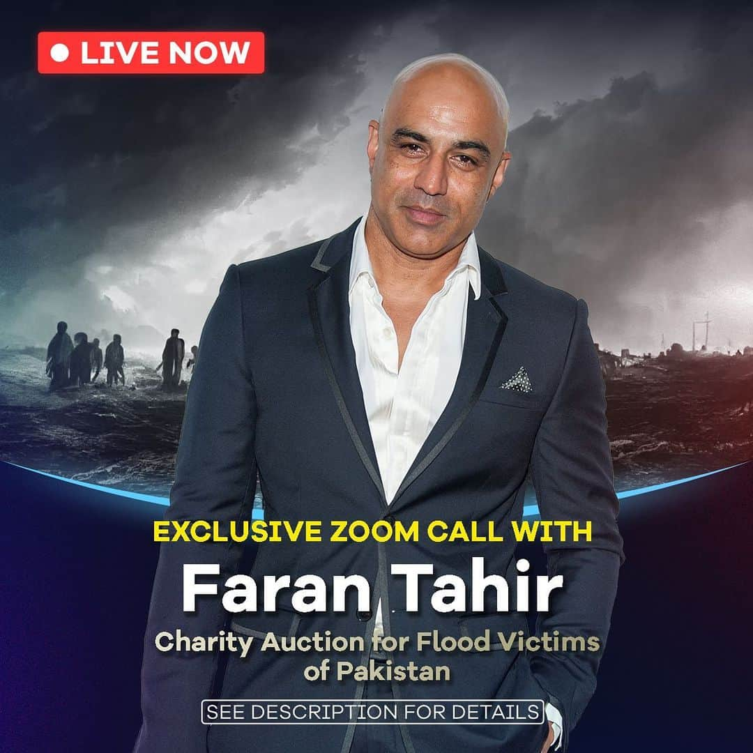 ファラン・タヒールのインスタグラム：「Starting the year by giving back. I'm auctioning a Zoom call with me to raise funds for the 33M flood victims of Pakistan. Link in bio.  33M people have lost their homes, livelihood and access to food, medicine and sanitation due to flash floods caused by climate change. Join me in helping them get back on their feet.」