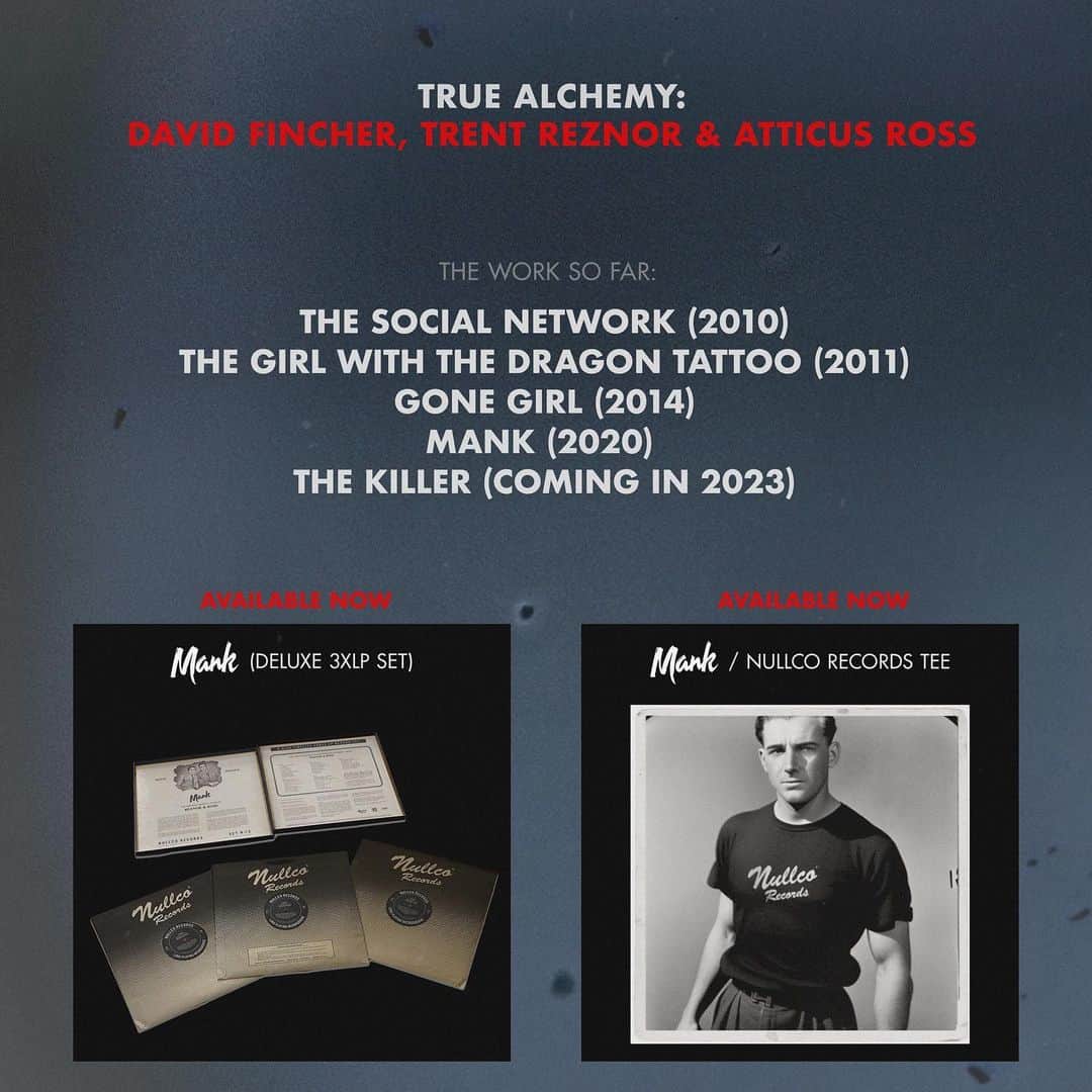 ナイン・インチ・ネイルズのインスタグラム：「The Oscar nominated score for Mank by Trent Reznor & Atticus Ross is now available as a deluxe vinyl set at nin.com  Directed by David Fincher, Mank marked the fourth collaboration between Fincher, Reznor & Ross. They will reunite again for The Killer, out Nov. 10 on @netflix.」